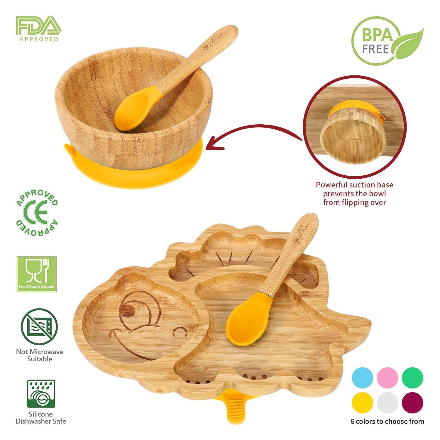 Vinsani Bamboo Dinosaur Plate Bowl & Spoon Set Suction Bowl Stay-Put Design - Picture 63 of 73