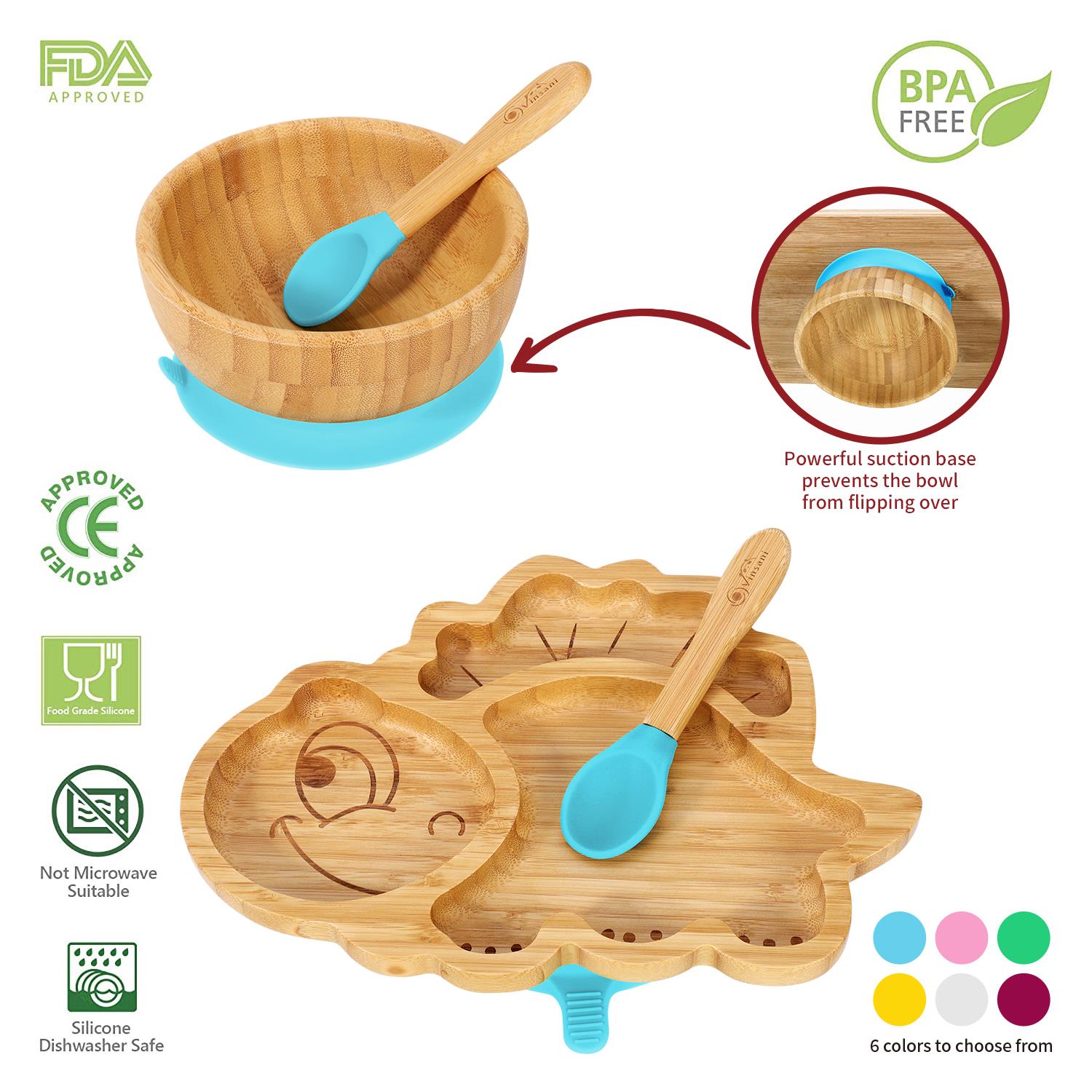 Vinsani Bamboo Dinosaur Plate Bowl & Spoon Set Suction Bowl Stay-Put Design - Picture 3 of 73