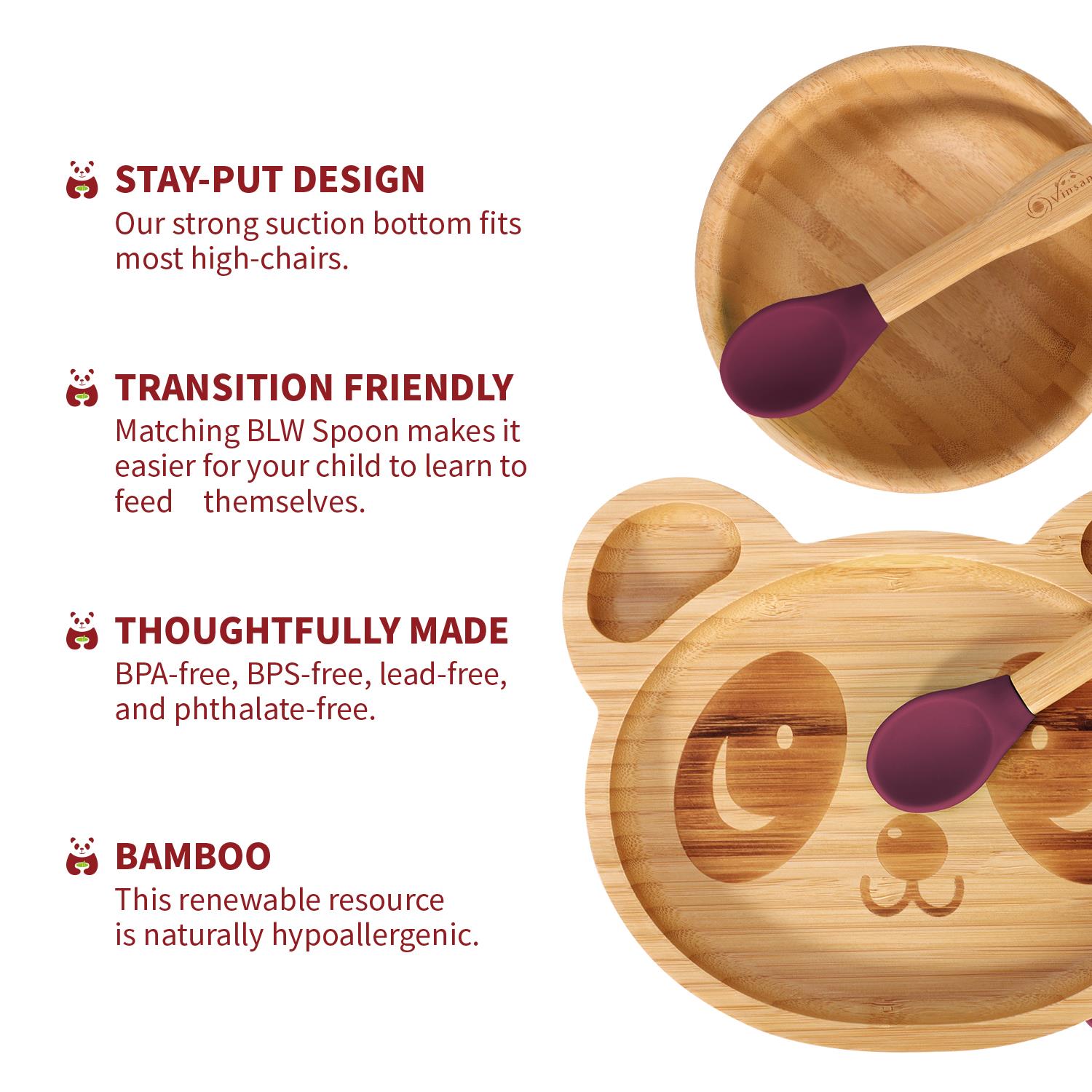 Vinsani Bamboo Panda Plate Bowl & Spoon Set Suction Bowl Stay-Put Design - Picture 53 of 73