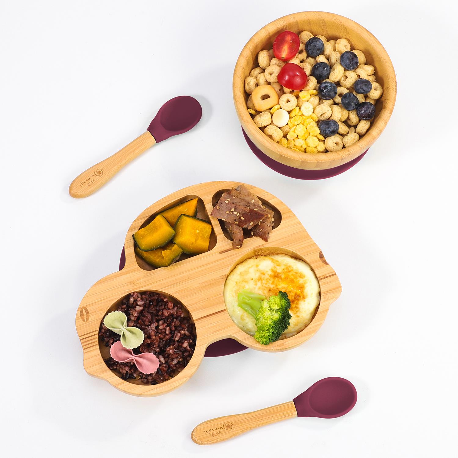 Vinsani Bamboo Car Plate Bowl & Spoon Set Suction Bowl Stay-Put Design for Kids - Picture 54 of 67