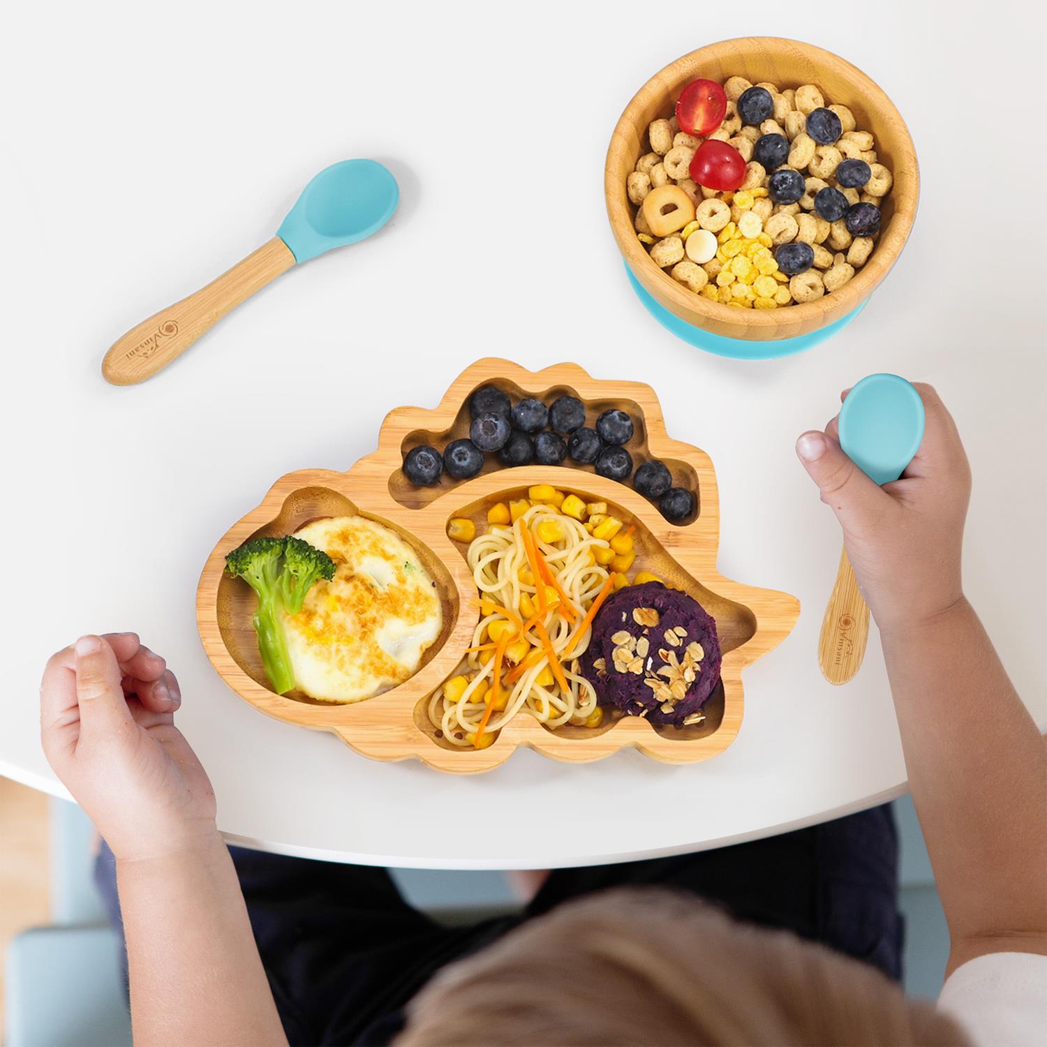 Vinsani Bamboo Dinosaur Plate Bowl & Spoon Set Suction Bowl Stay-Put Design - Picture 6 of 73