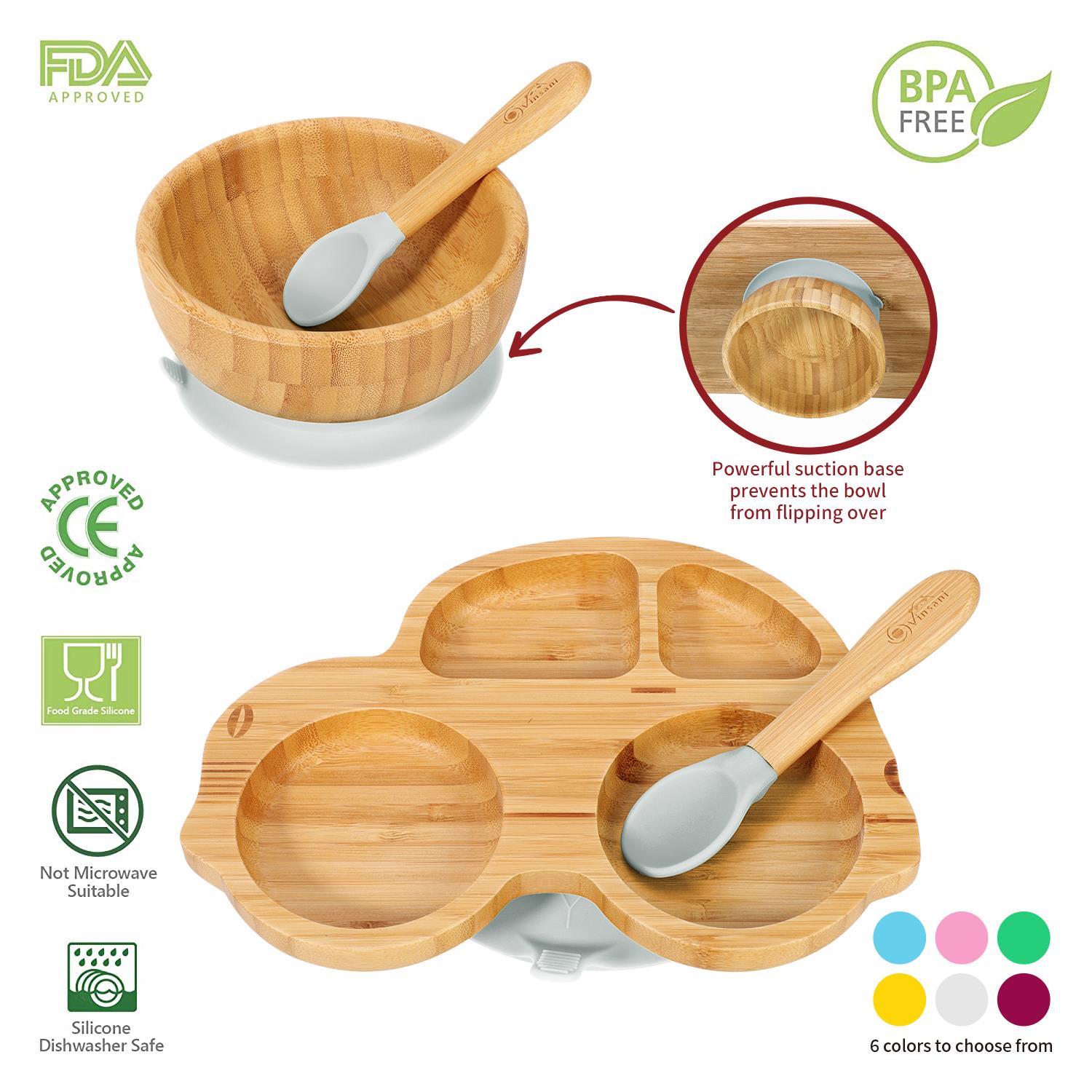 Vinsani Bamboo Car Plate Bowl & Spoon Set Suction Bowl Stay-Put Design for Kids - Picture 25 of 67