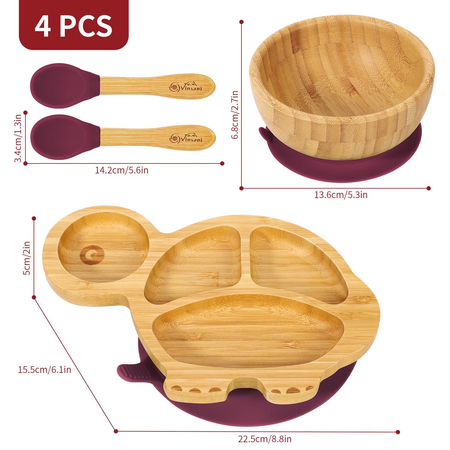 Vinsani Bamboo Turtle Plate Bowl & Spoon Set Suction Bowl Stay-Put Design - Picture 55 of 73
