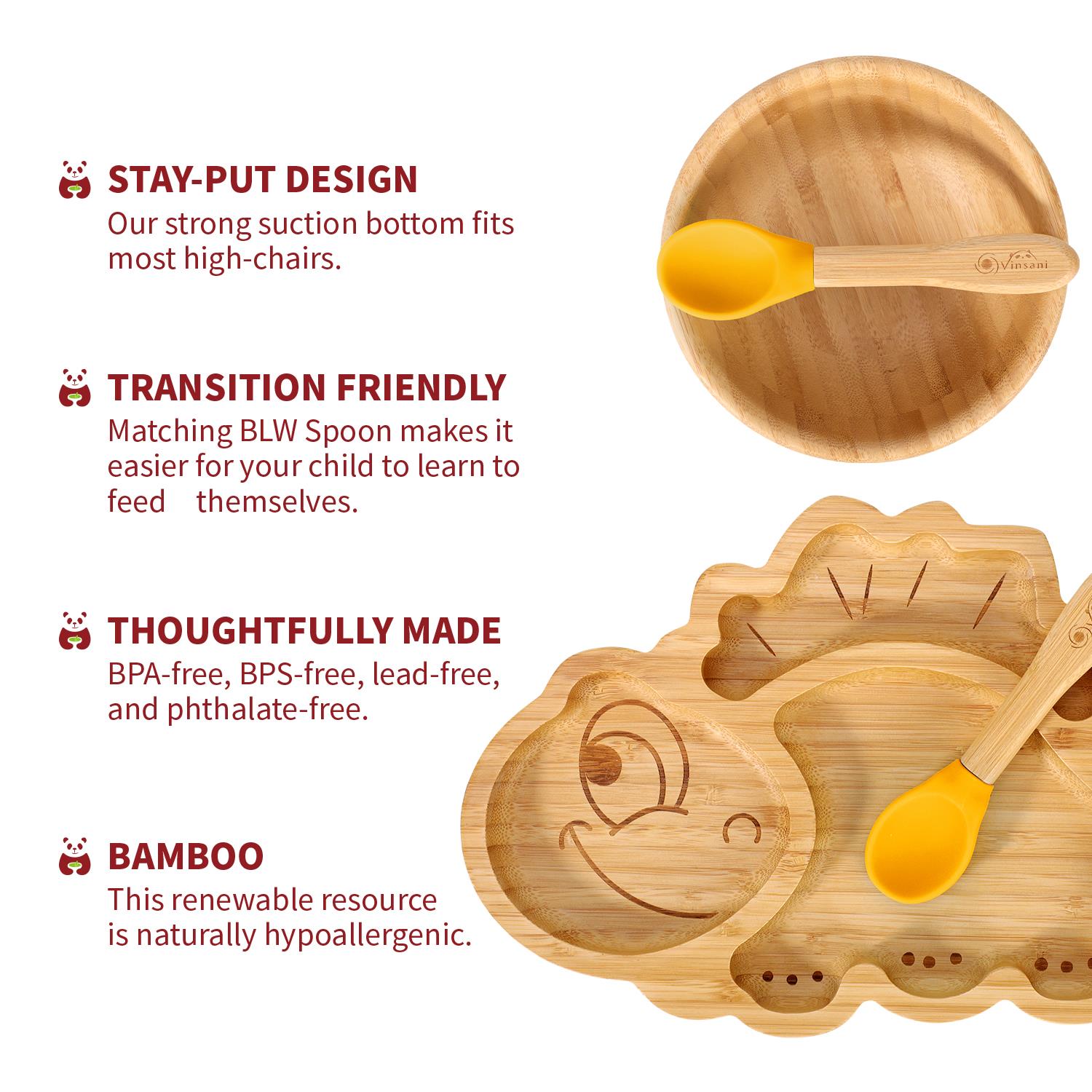 Vinsani Bamboo Dinosaur Plate Bowl & Spoon Set Suction Bowl Stay-Put Design - Picture 65 of 73