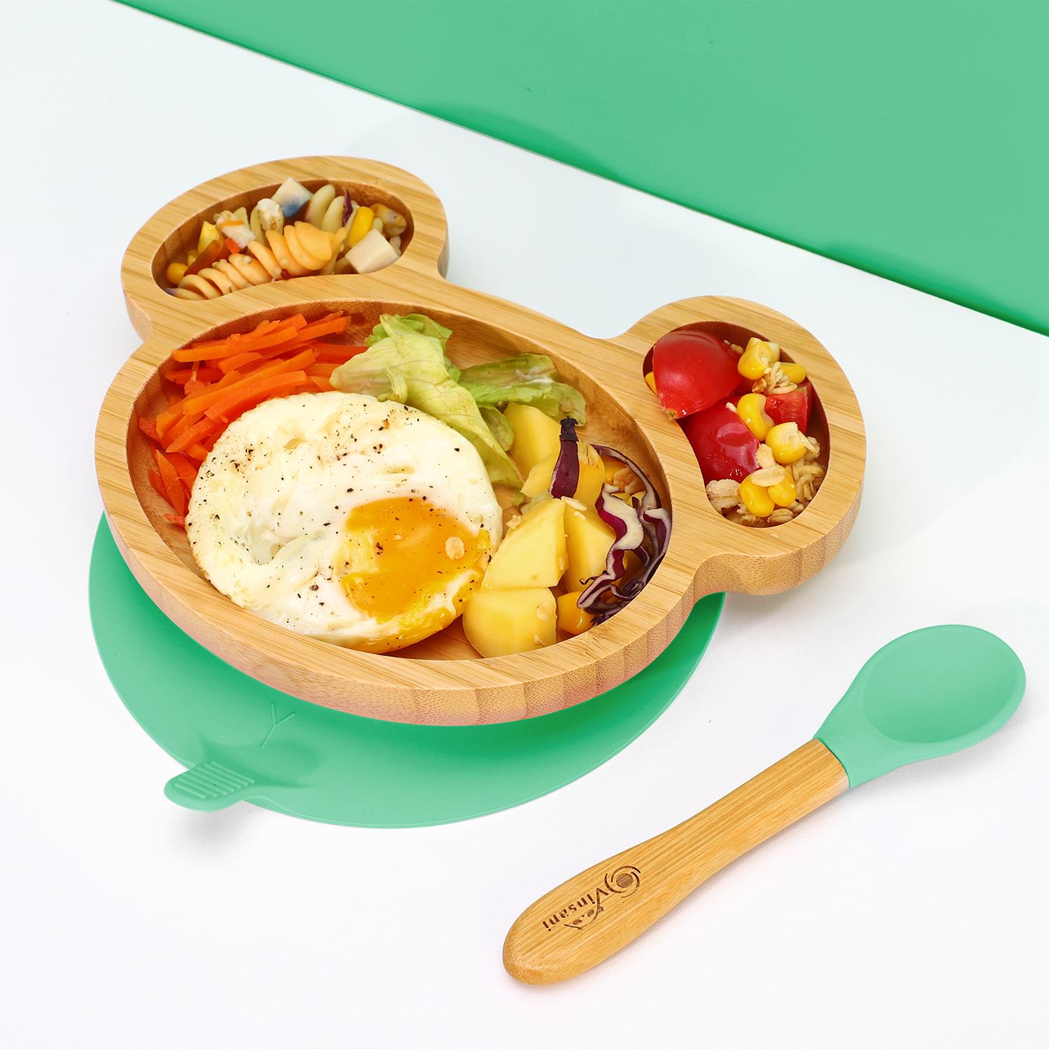 Vinsani Mouse Bamboo Plate and Spoon Set Suction Plate Stay-Put Design - Picture 20 of 61