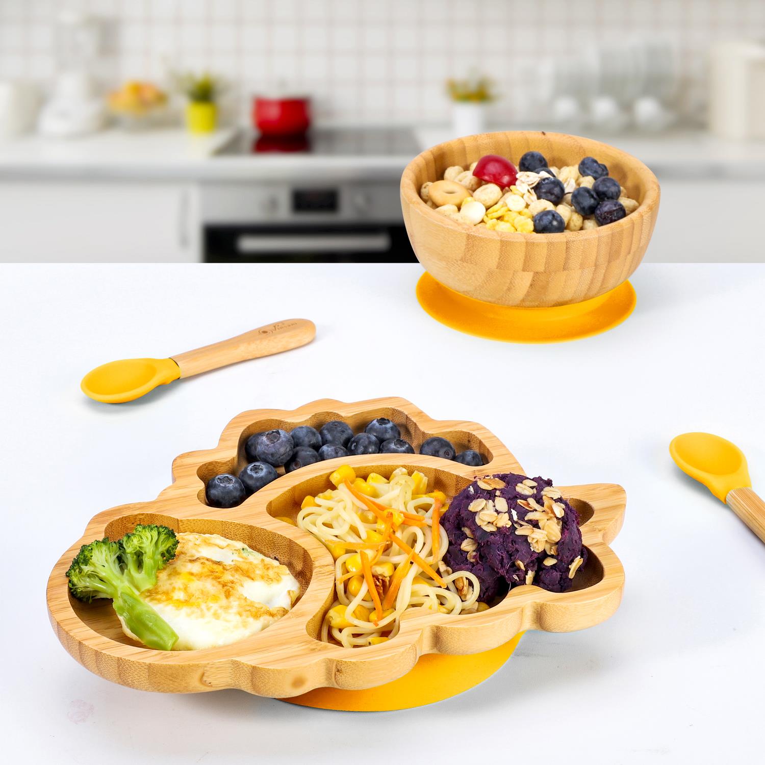 Vinsani Bamboo Dinosaur Plate Bowl & Spoon Set Suction Bowl Stay-Put Design - Picture 68 of 73