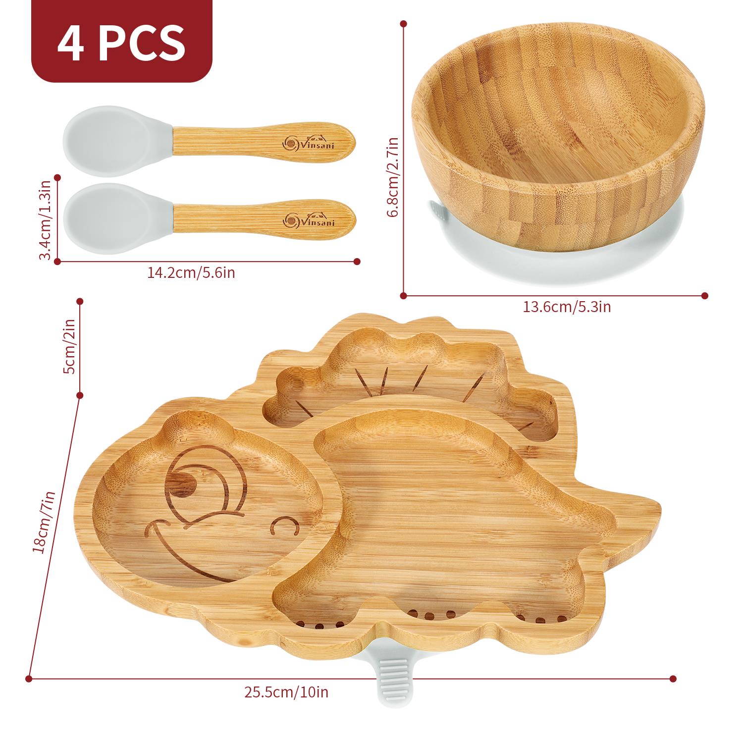 Vinsani Bamboo Dinosaur Plate Bowl & Spoon Set Suction Bowl Stay-Put Design - Picture 31 of 73