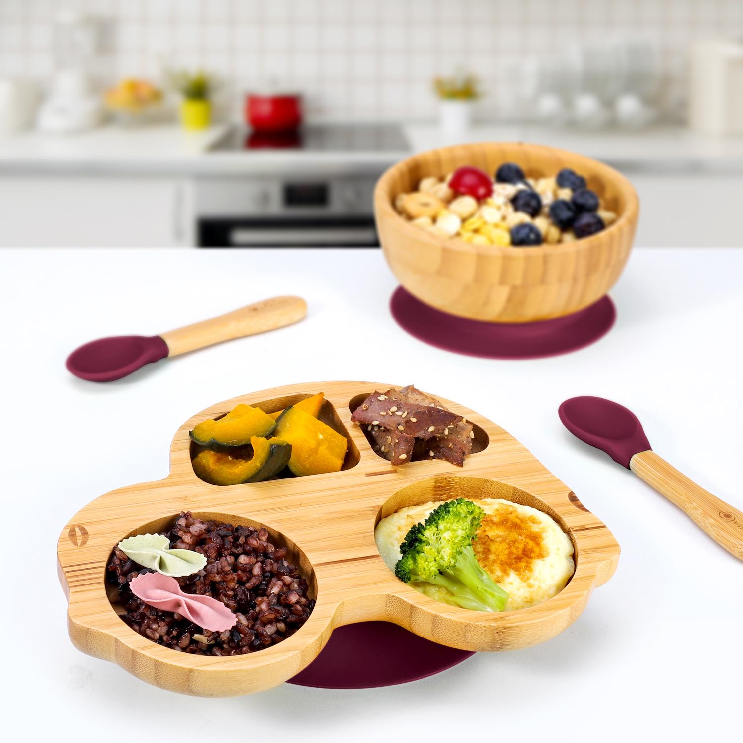 Vinsani Bamboo Car Plate Bowl & Spoon Set Suction Bowl Stay-Put Design for Kids - Picture 52 of 67