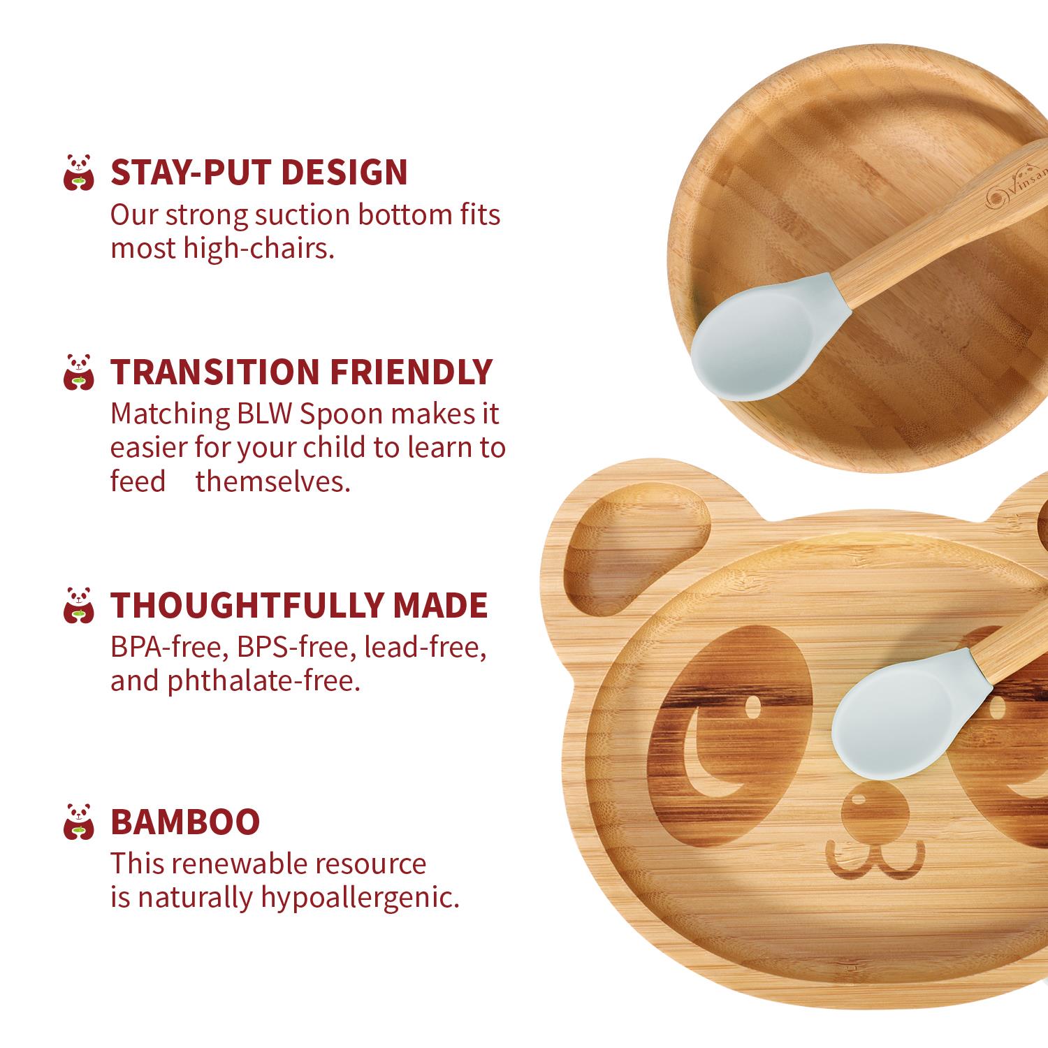Vinsani Bamboo Panda Plate Bowl & Spoon Set Suction Bowl Stay-Put Design - Picture 29 of 73