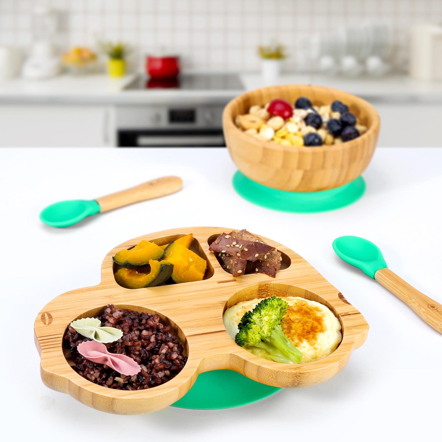 Vinsani Bamboo Car Plate Bowl & Spoon Set Suction Bowl Stay-Put Design for Kids - Picture 19 of 67