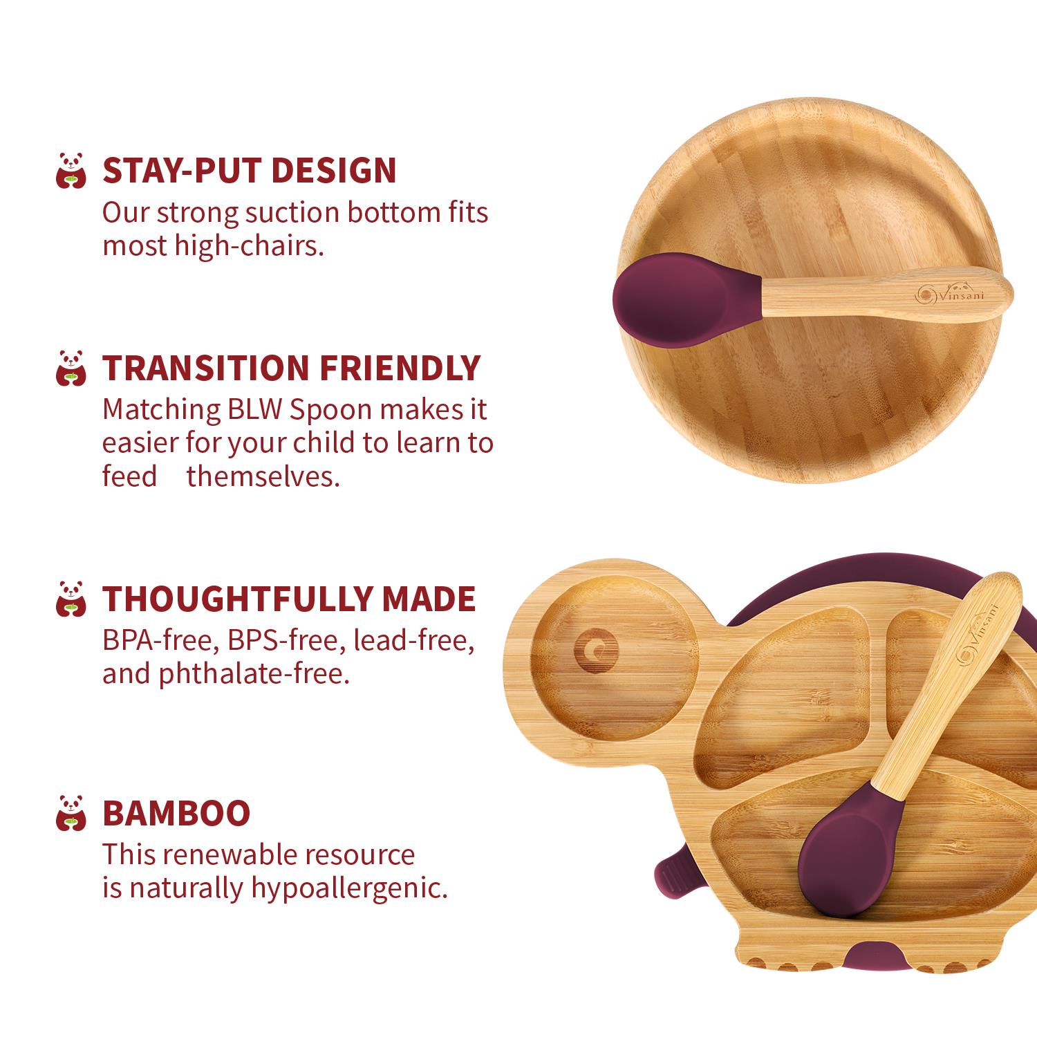 Vinsani Bamboo Turtle Plate Bowl & Spoon Set Suction Bowl Stay-Put Design - Picture 53 of 73