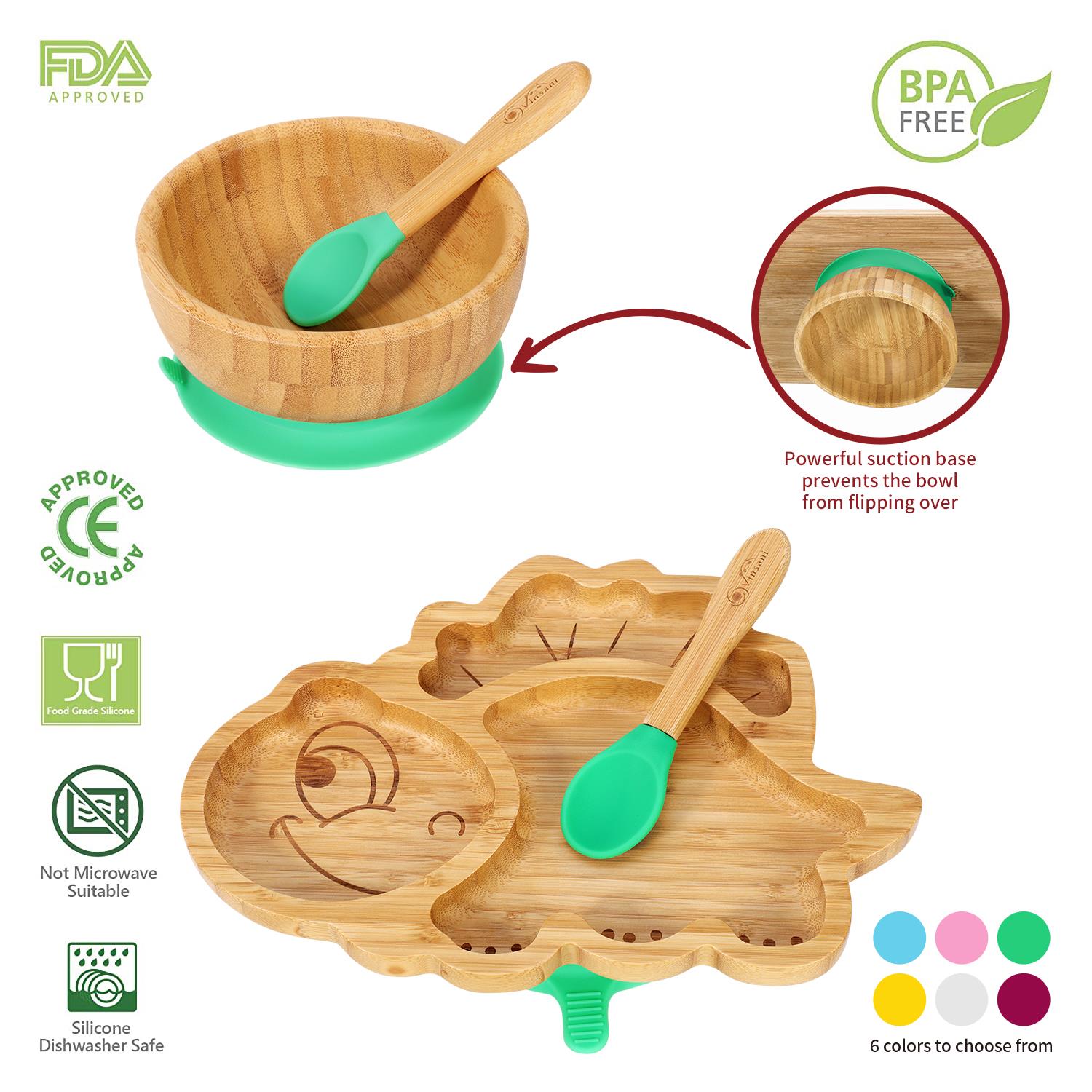 Vinsani Bamboo Dinosaur Plate Bowl & Spoon Set Suction Bowl Stay-Put Design - Picture 15 of 73