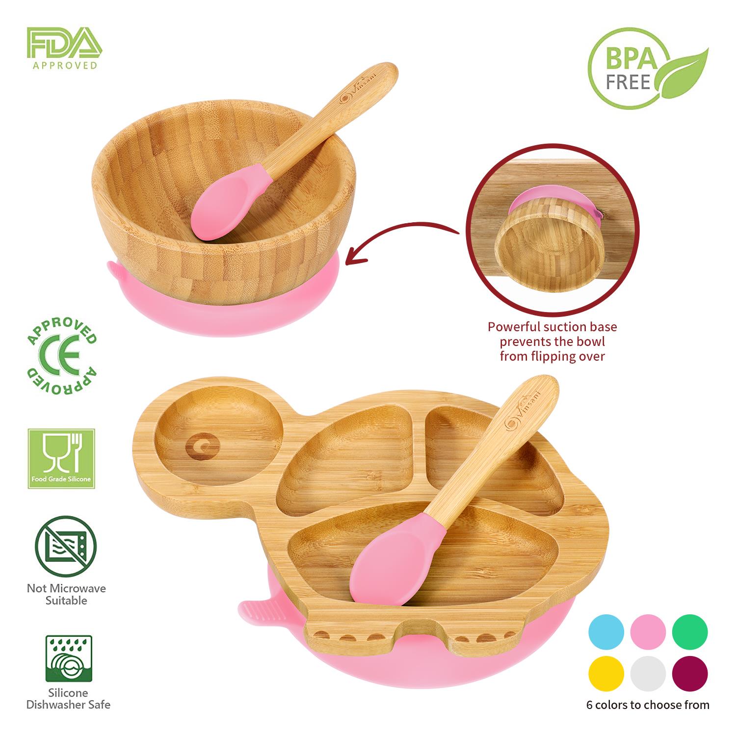 Vinsani Bamboo Turtle Plate Bowl & Spoon Set Suction Bowl Stay-Put Design - Picture 39 of 73