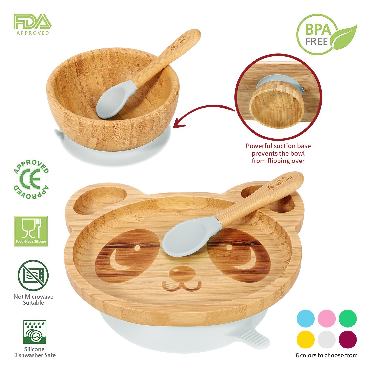 Vinsani Bamboo Panda Plate Bowl & Spoon Set Suction Bowl Stay-Put Design - Picture 27 of 73