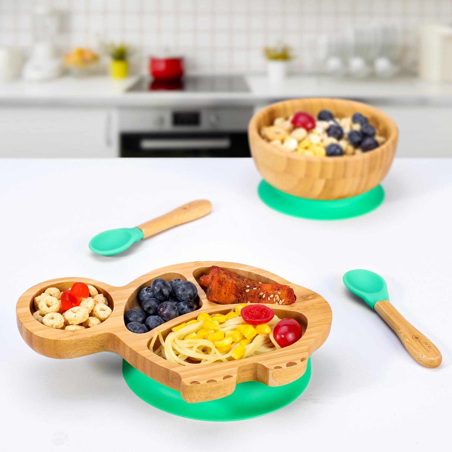 Vinsani Bamboo Turtle Plate Bowl & Spoon Set Suction Bowl Stay-Put Design - Picture 20 of 73