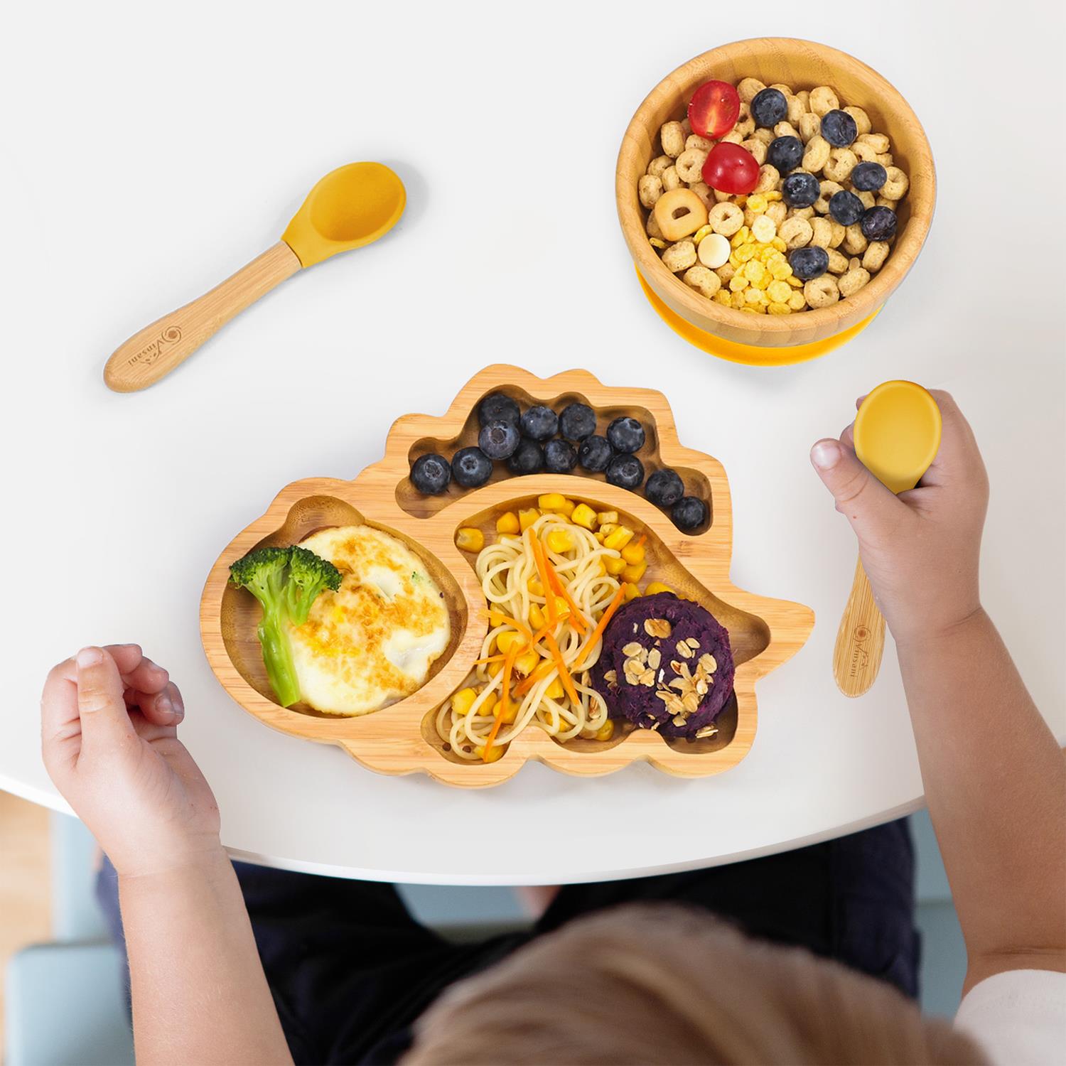 Vinsani Bamboo Dinosaur Plate Bowl & Spoon Set Suction Bowl Stay-Put Design - Picture 66 of 73