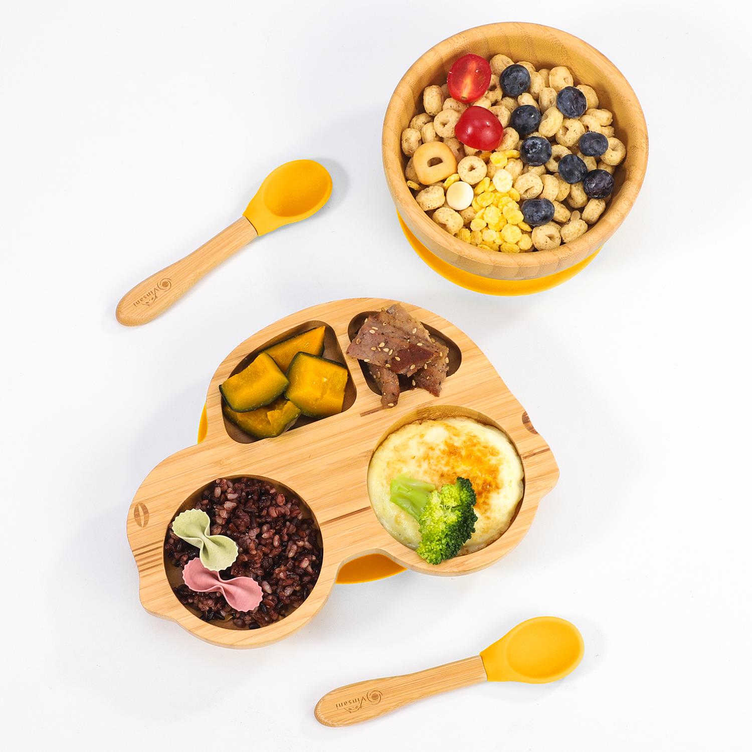 Vinsani Bamboo Car Plate Bowl & Spoon Set Suction Bowl Stay-Put Design for Kids - Picture 65 of 67