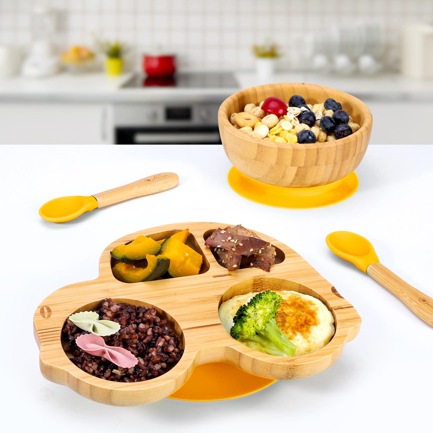 Vinsani Bamboo Car Plate Bowl & Spoon Set Suction Bowl Stay-Put Design for Kids - Picture 63 of 67