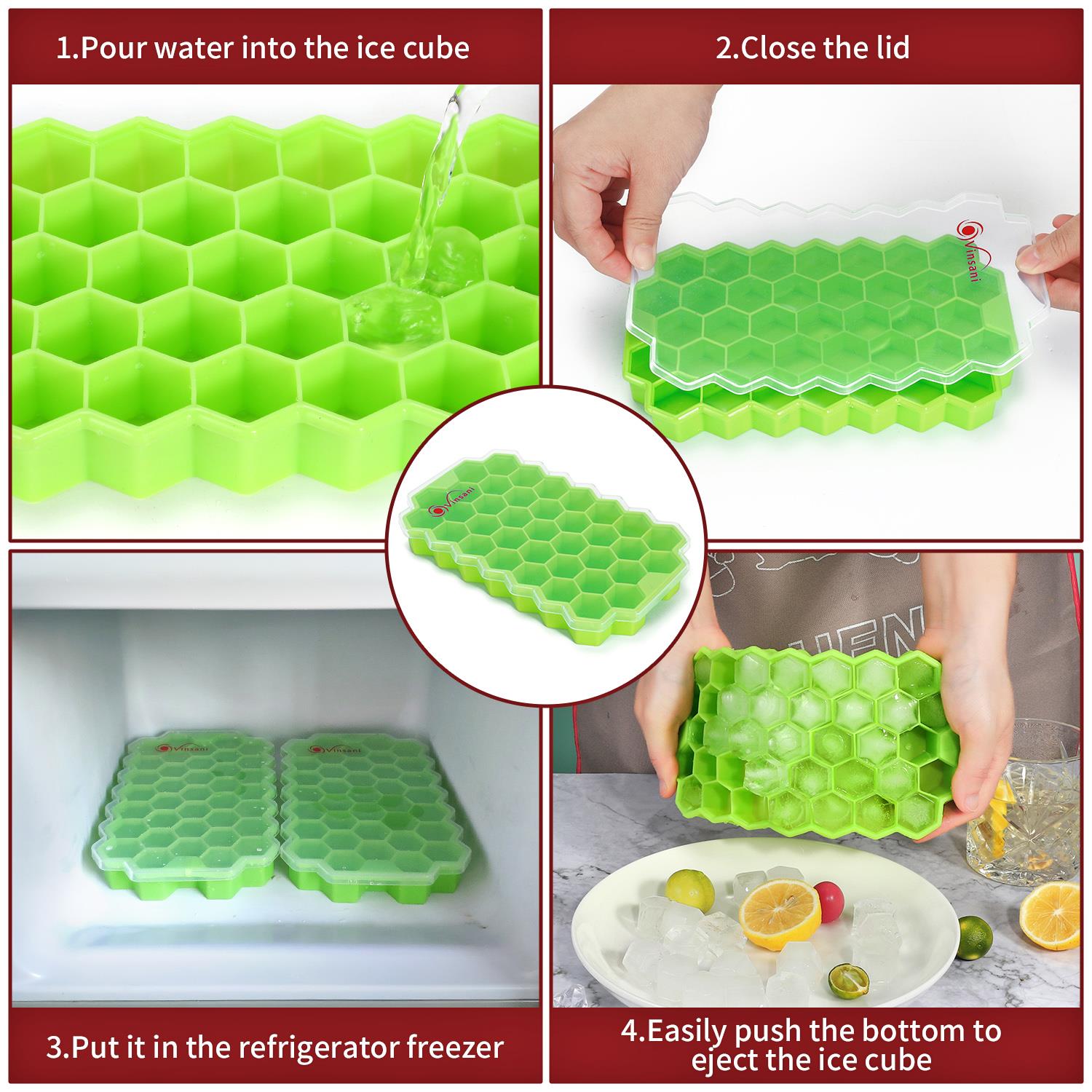 Vinsani 2 Pack Ice Cube Hexagon Silicone Tray with Clear Removable Lids - Picture 21 of 24