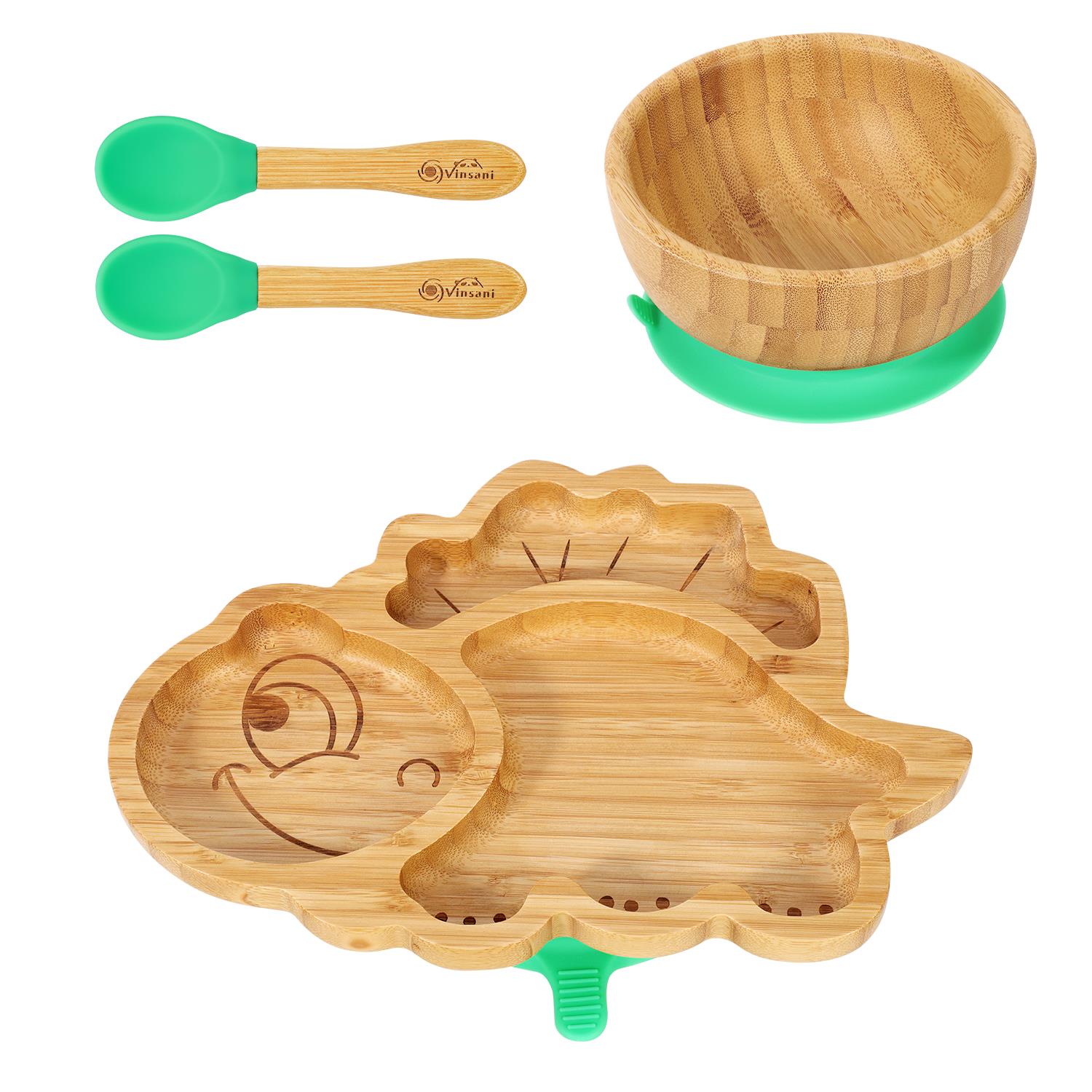 Vinsani Bamboo Dinosaur Plate Bowl & Spoon Set Suction Bowl Stay-Put Design - Picture 21 of 73