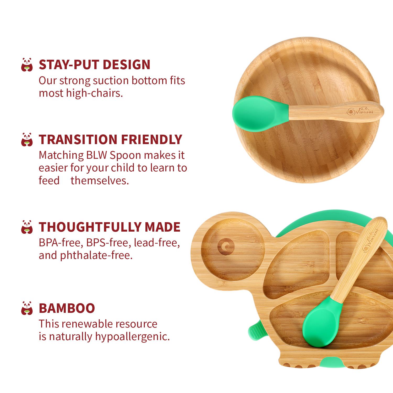 Vinsani Bamboo Turtle Plate Bowl & Spoon Set Suction Bowl Stay-Put Design - Picture 17 of 73
