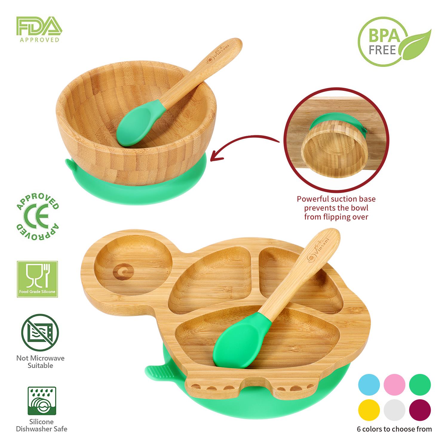 Vinsani Bamboo Turtle Plate Bowl & Spoon Set Suction Bowl Stay-Put Design - Picture 15 of 73