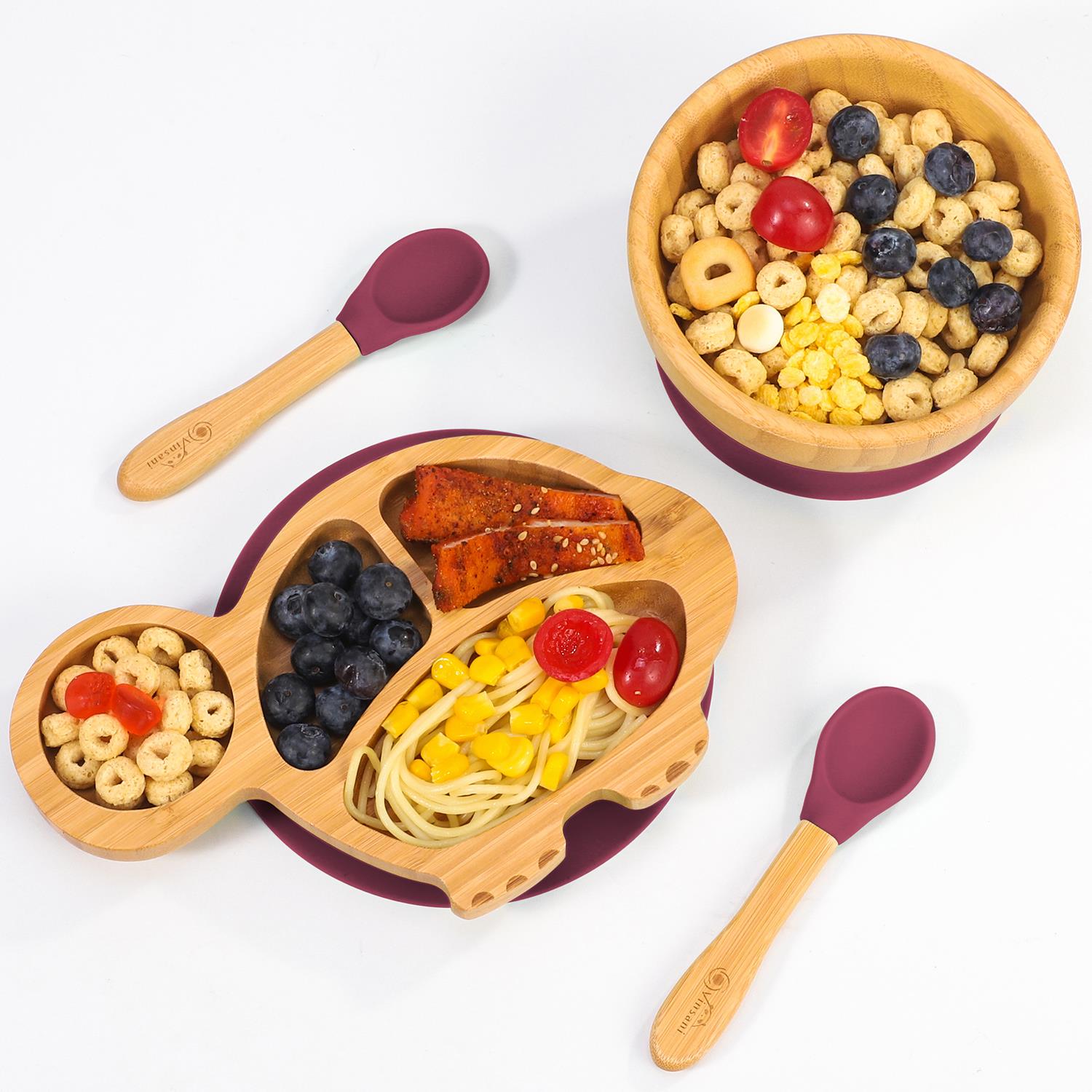 Vinsani Bamboo Turtle Plate Bowl & Spoon Set Suction Bowl Stay-Put Design - Picture 58 of 73