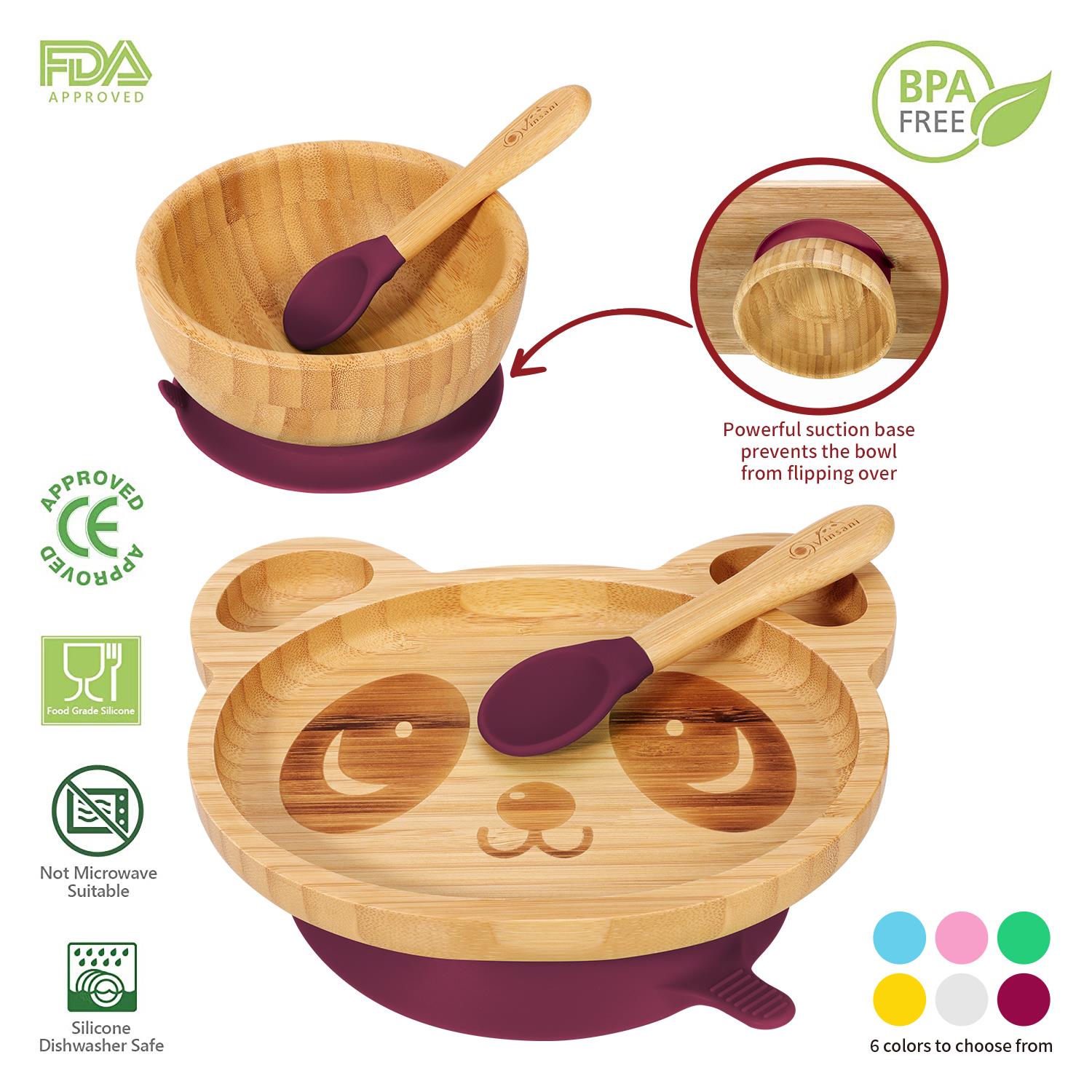 Vinsani Bamboo Panda Plate Bowl & Spoon Set Suction Bowl Stay-Put Design - Picture 51 of 73