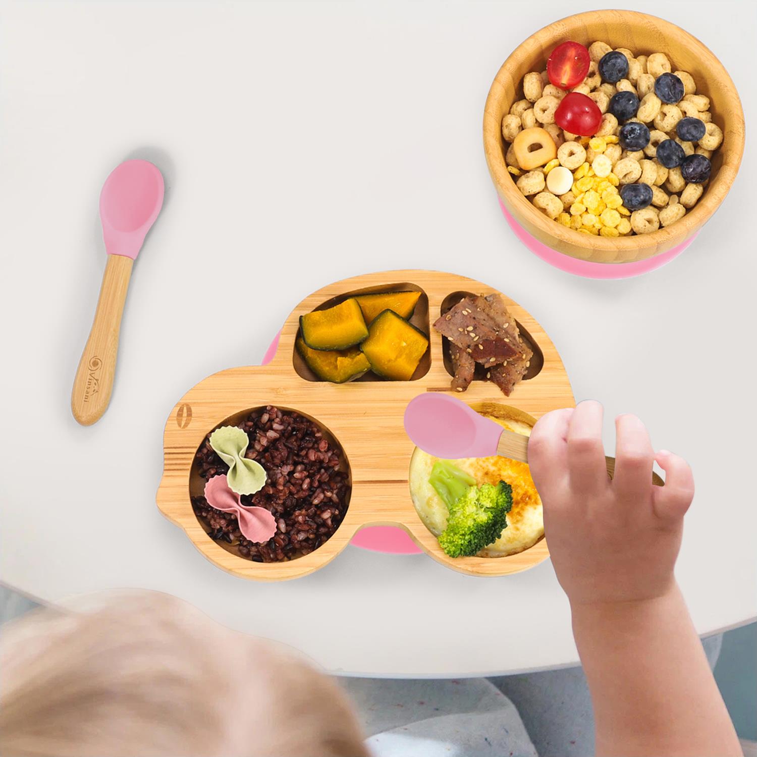 Vinsani Bamboo Car Plate Bowl & Spoon Set Suction Bowl Stay-Put Design for Kids - Picture 39 of 67