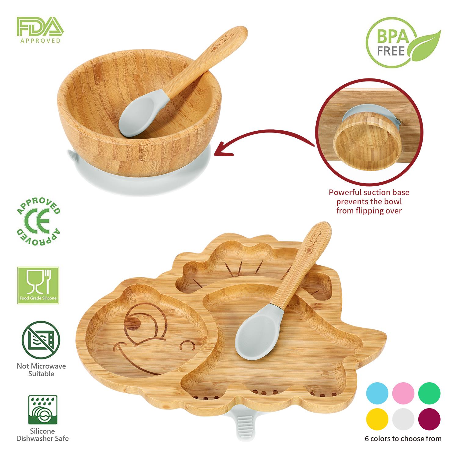 Vinsani Bamboo Dinosaur Plate Bowl & Spoon Set Suction Bowl Stay-Put Design - Picture 27 of 73
