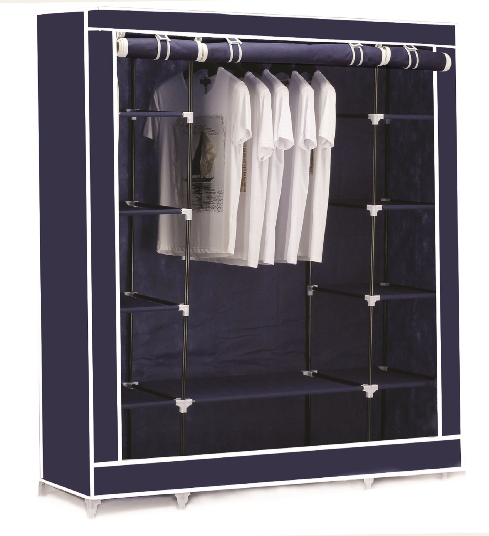 Vinsani Triple Canvas Clothes Cupboard Hanging Rail With Storage