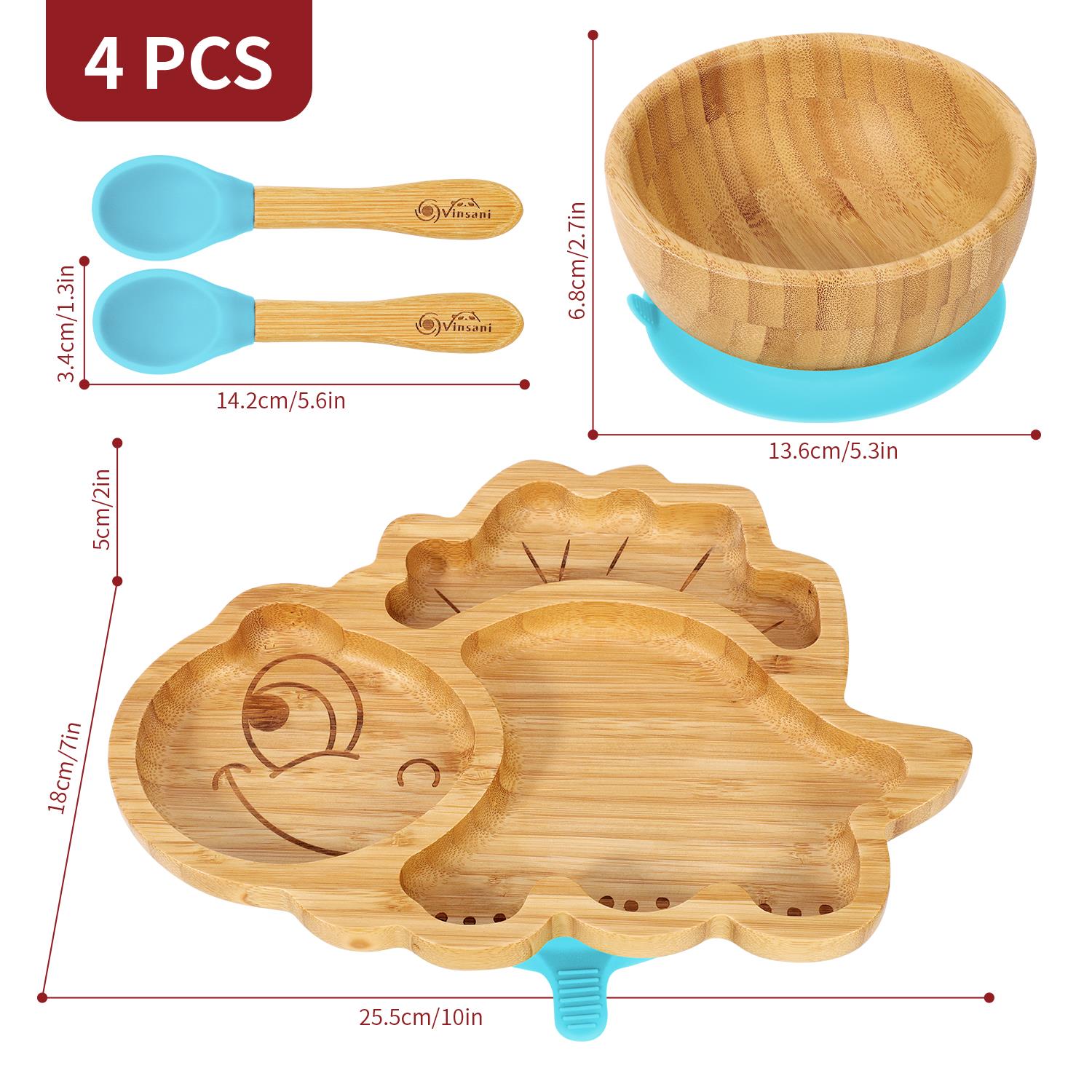 Vinsani Bamboo Dinosaur Plate Bowl & Spoon Set Suction Bowl Stay-Put Design - Picture 7 of 73