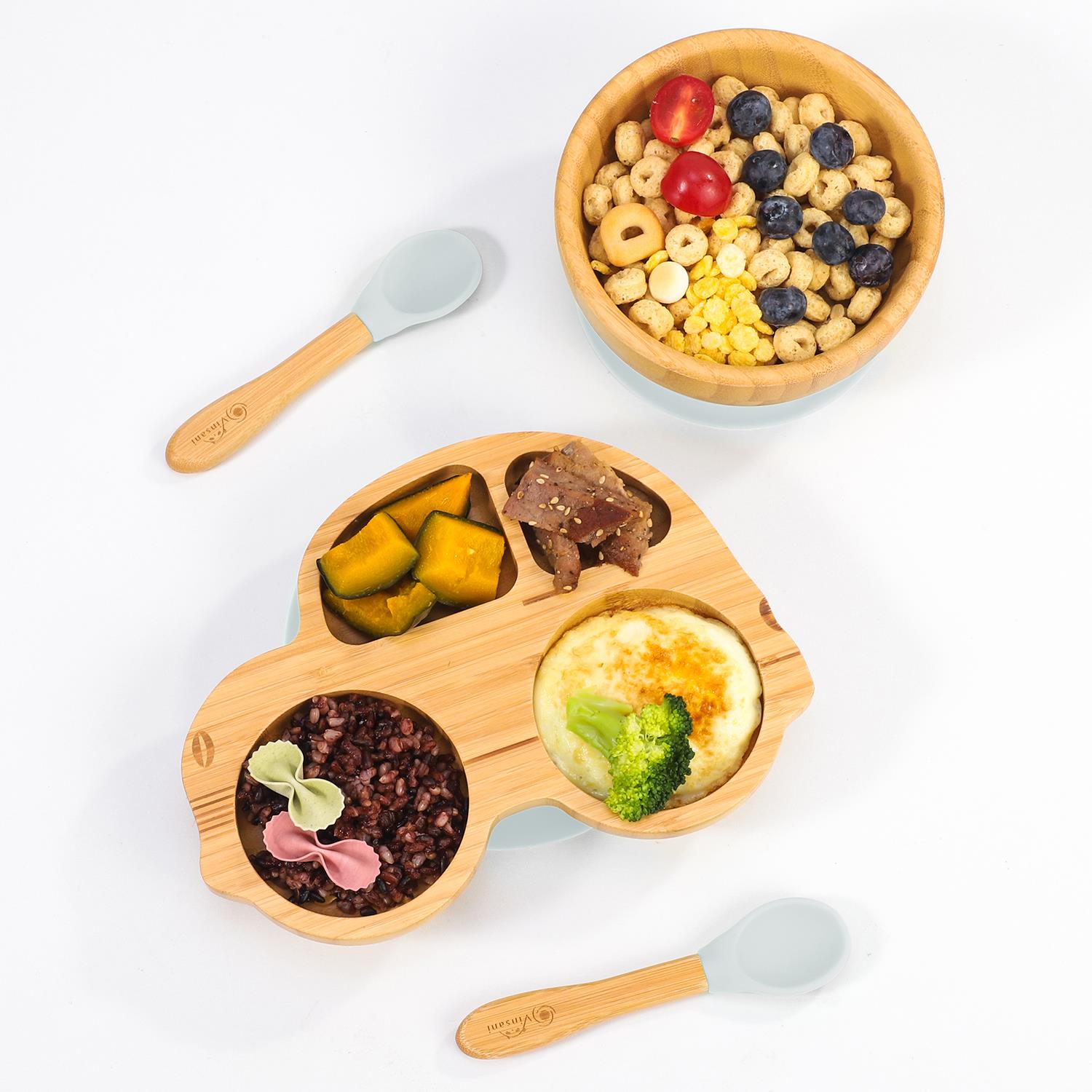 Vinsani Bamboo Car Plate Bowl & Spoon Set Suction Bowl Stay-Put Design for Kids - Picture 32 of 67