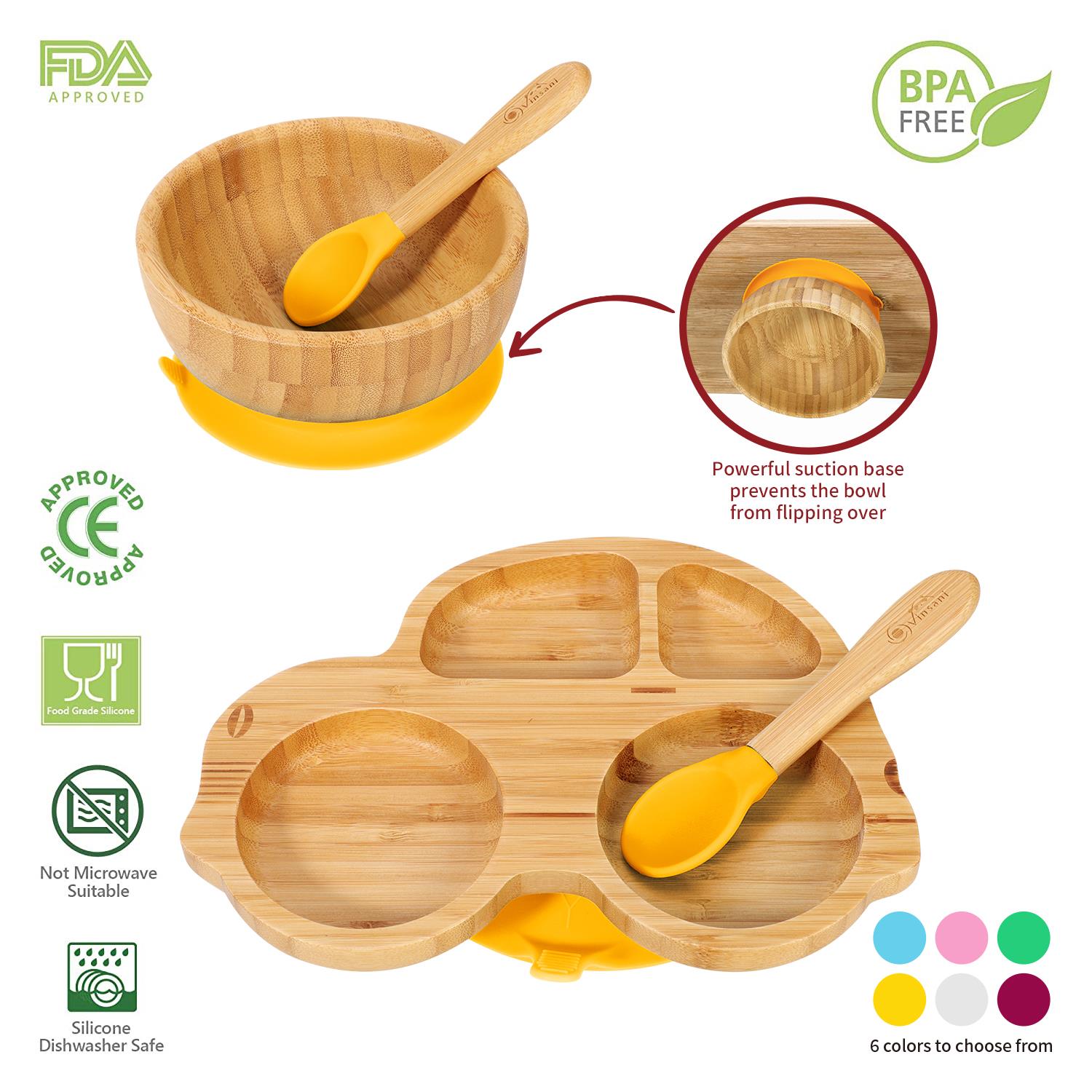 Vinsani Bamboo Car Plate Bowl & Spoon Set Suction Bowl Stay-Put Design for Kids - Picture 58 of 67