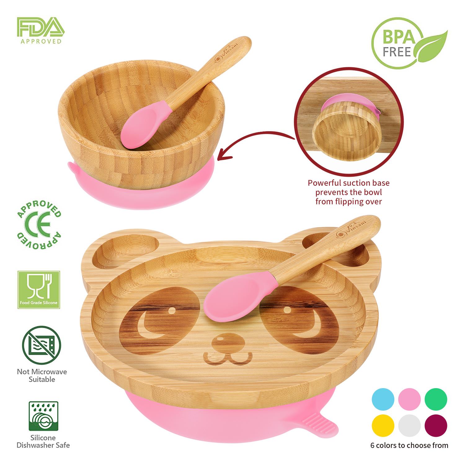 Vinsani Bamboo Panda Plate Bowl & Spoon Set Suction Bowl Stay-Put Design - Picture 39 of 73