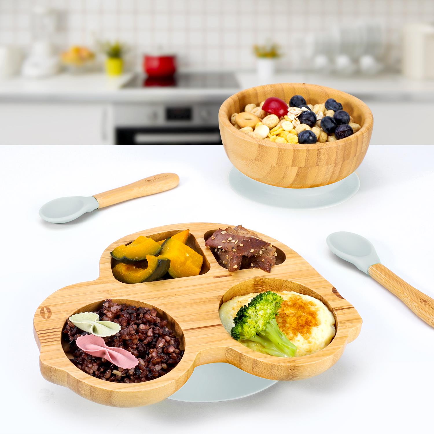 Vinsani Bamboo Car Plate Bowl & Spoon Set Suction Bowl Stay-Put Design for Kids - Picture 30 of 67