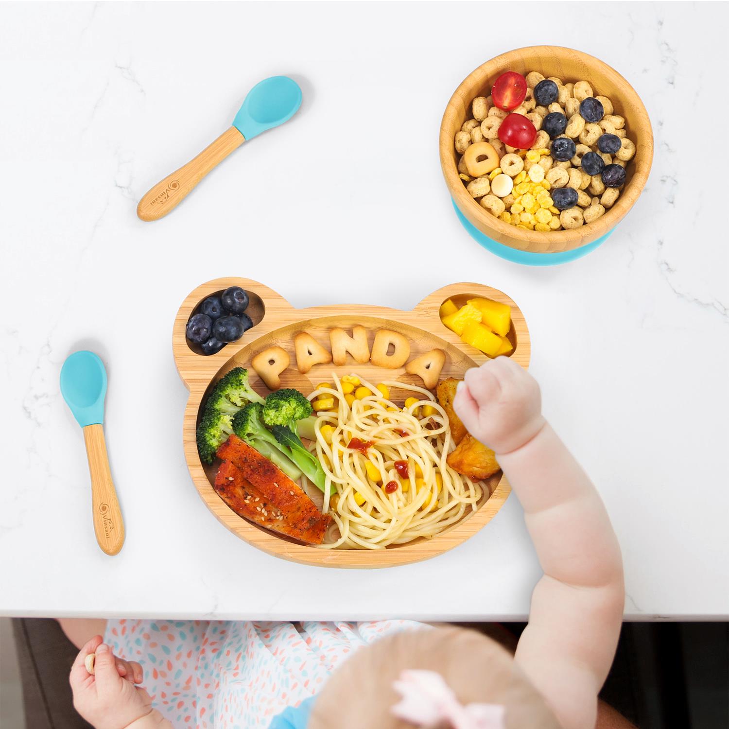 Vinsani Bamboo Panda Plate Bowl & Spoon Set Suction Bowl Stay-Put Design - Picture 6 of 73