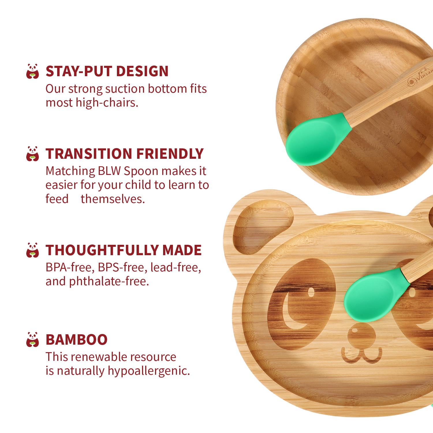 Vinsani Bamboo Panda Plate Bowl & Spoon Set Suction Bowl Stay-Put Design - Picture 17 of 73