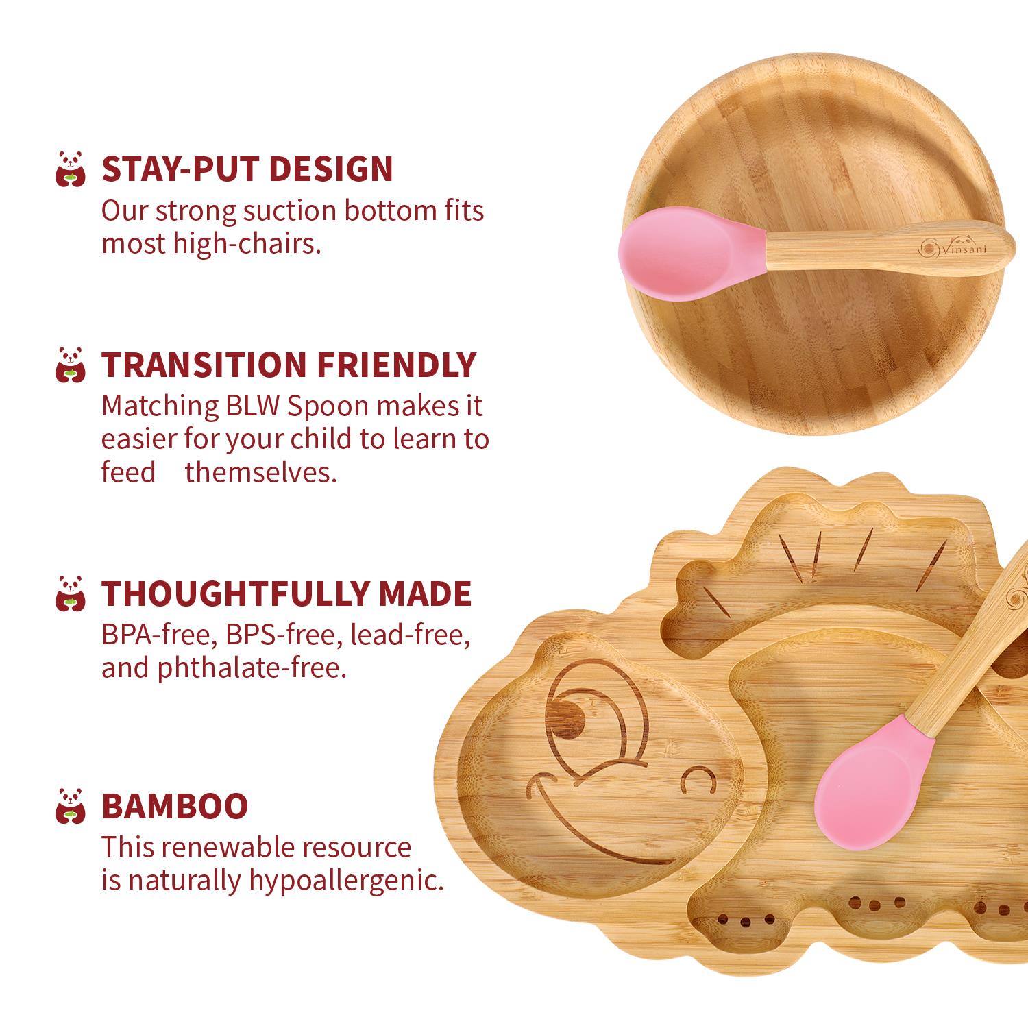 Vinsani Bamboo Dinosaur Plate Bowl & Spoon Set Suction Bowl Stay-Put Design - Picture 41 of 73