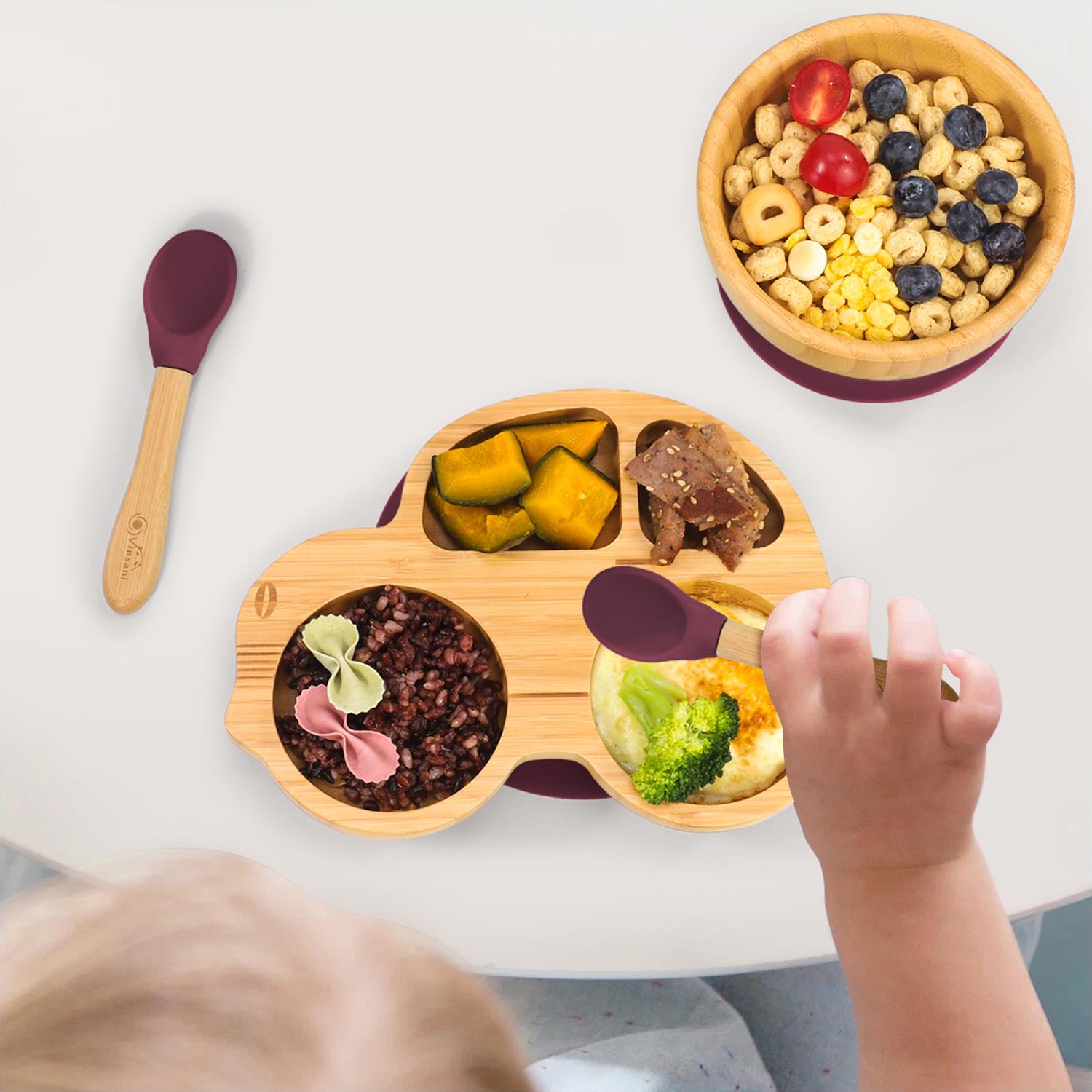 Vinsani Bamboo Car Plate Bowl & Spoon Set Suction Bowl Stay-Put Design for Kids - Picture 50 of 67