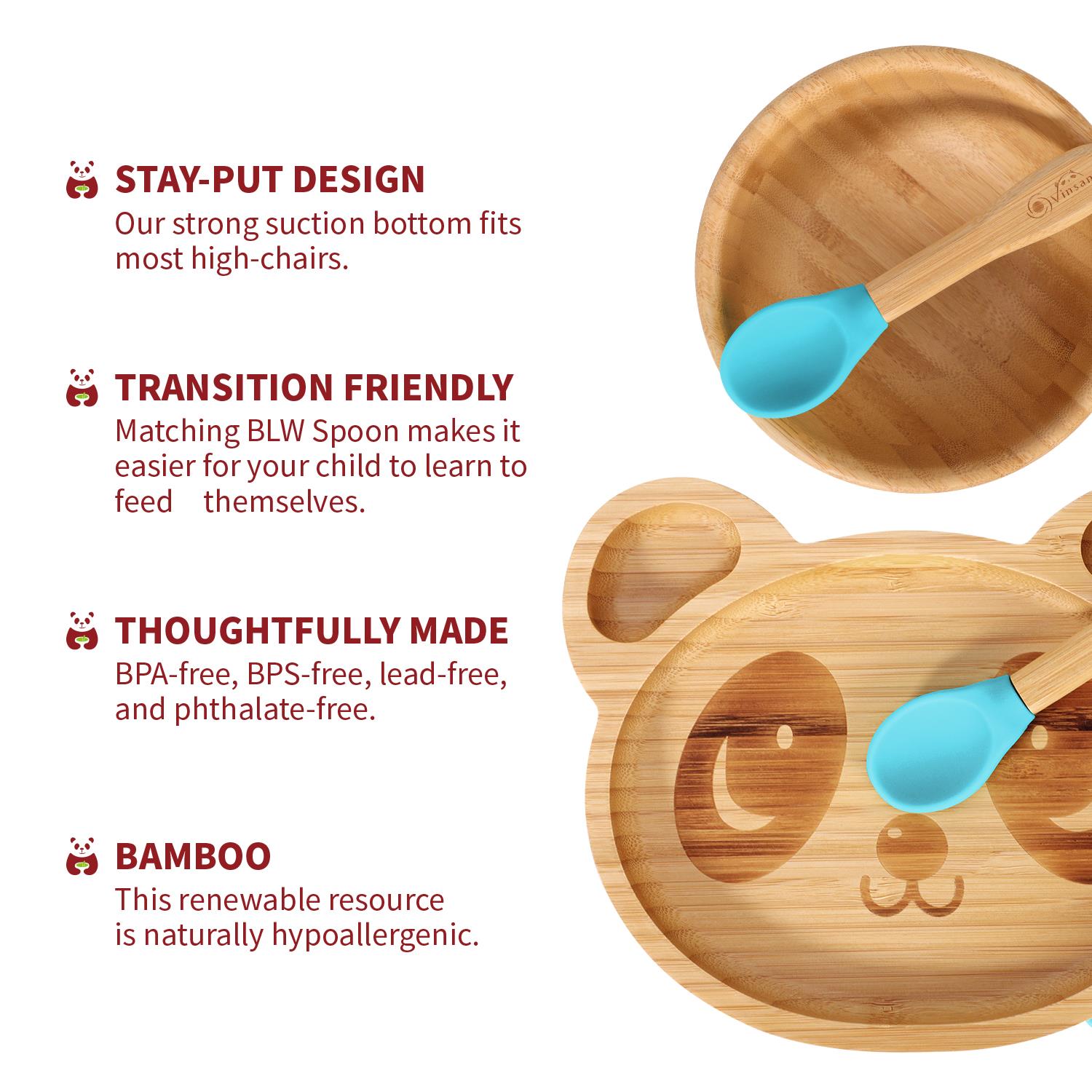 Vinsani Bamboo Panda Plate Bowl & Spoon Set Suction Bowl Stay-Put Design - Picture 5 of 73