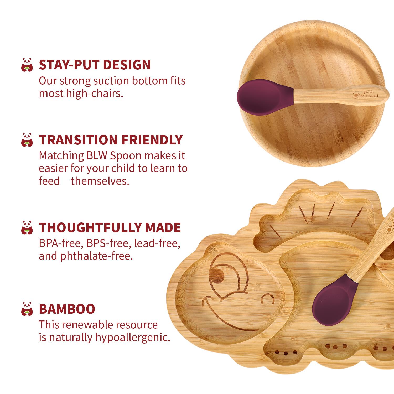 Vinsani Bamboo Dinosaur Plate Bowl & Spoon Set Suction Bowl Stay-Put Design - Picture 53 of 73