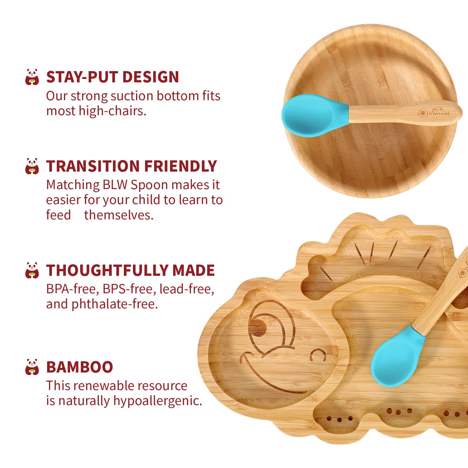 Vinsani Bamboo Dinosaur Plate Bowl & Spoon Set Suction Bowl Stay-Put Design - Picture 5 of 73