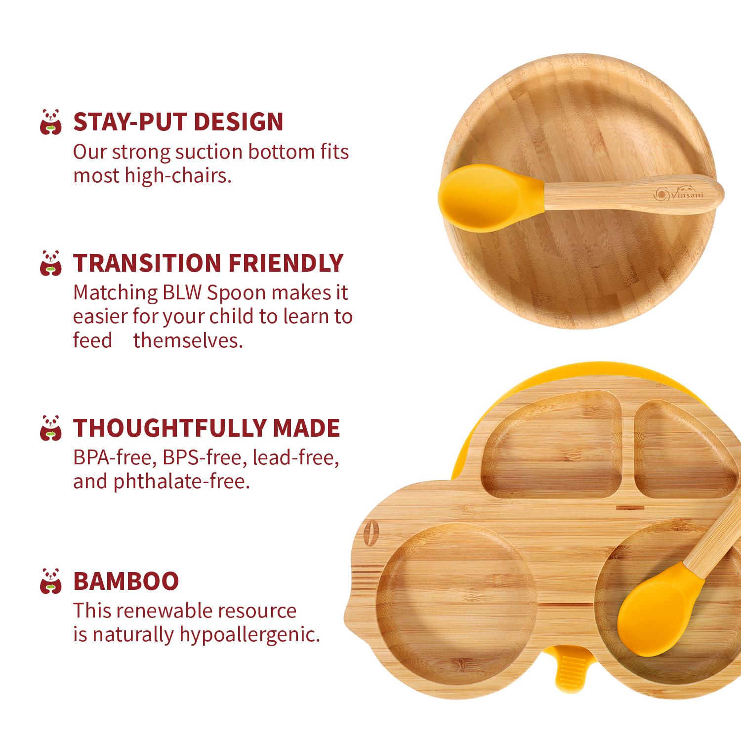 Vinsani Bamboo Car Plate Bowl & Spoon Set Suction Bowl Stay-Put Design for Kids - Picture 60 of 67