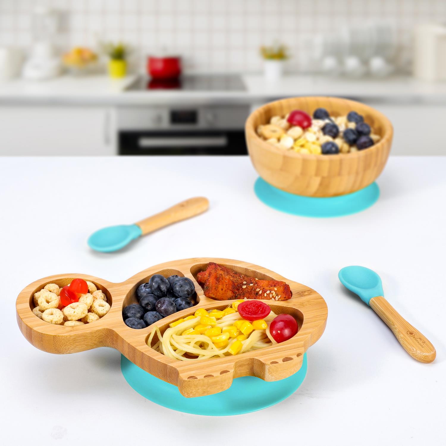 Vinsani Bamboo Turtle Plate Bowl & Spoon Set Suction Bowl Stay-Put Design - Picture 8 of 73