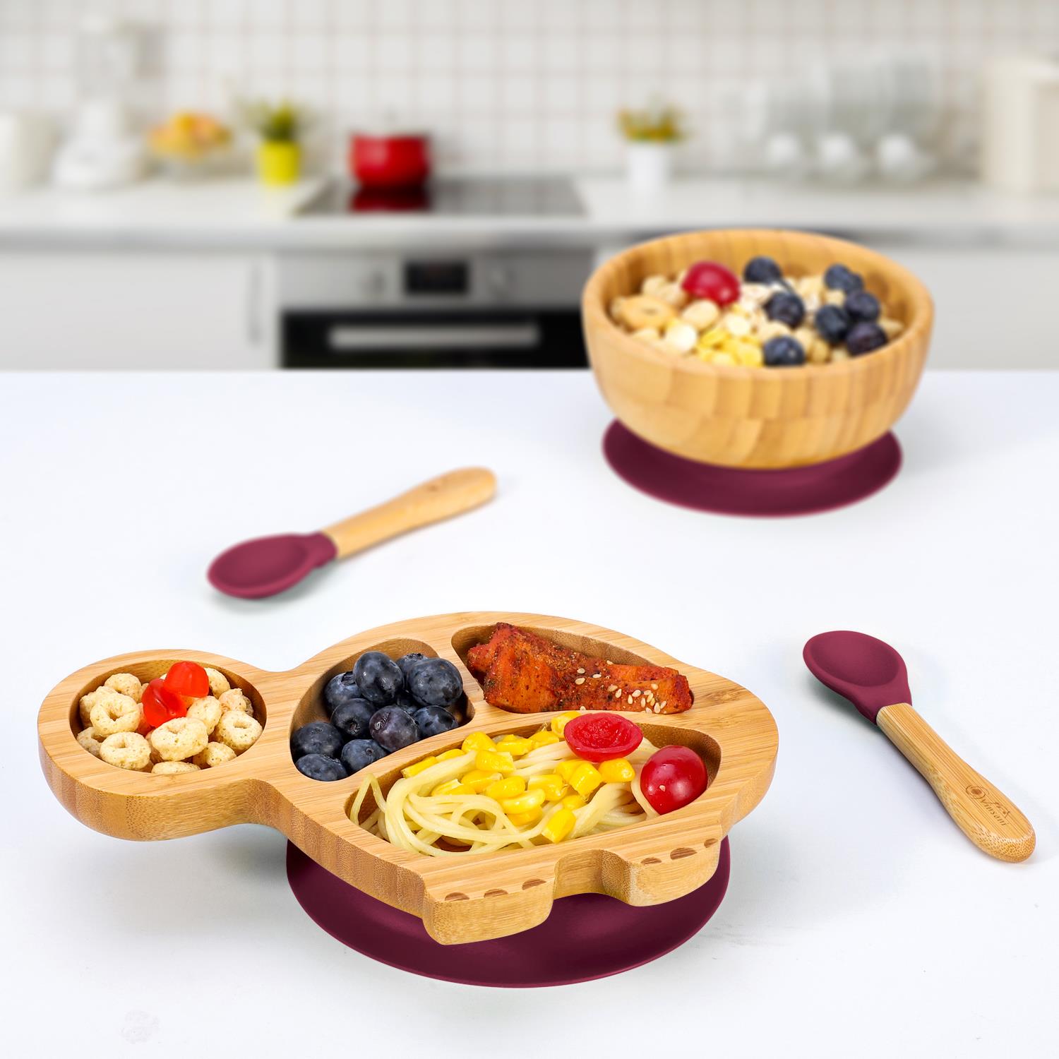 Vinsani Bamboo Turtle Plate Bowl & Spoon Set Suction Bowl Stay-Put Design - Picture 56 of 73