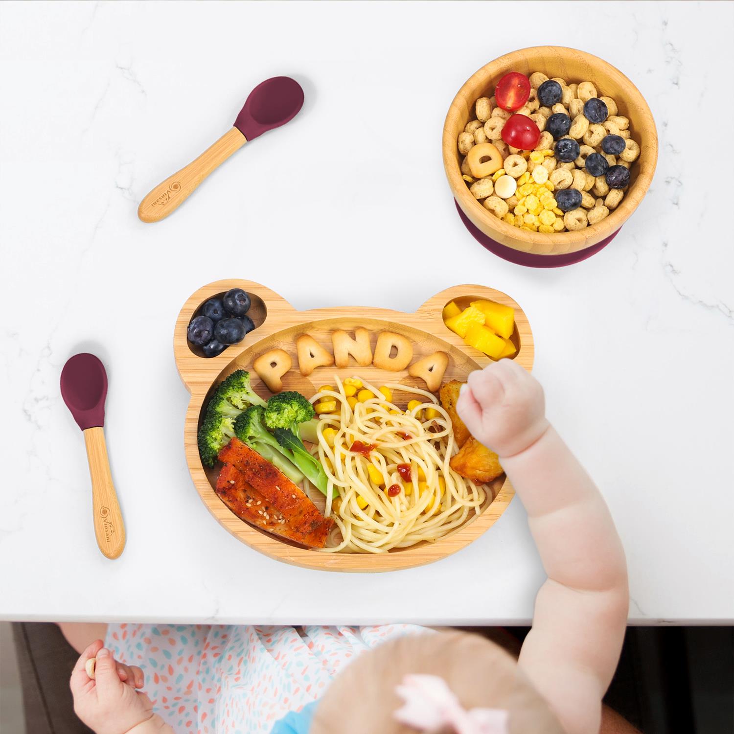 Vinsani Bamboo Panda Plate Bowl & Spoon Set Suction Bowl Stay-Put Design - Picture 54 of 73