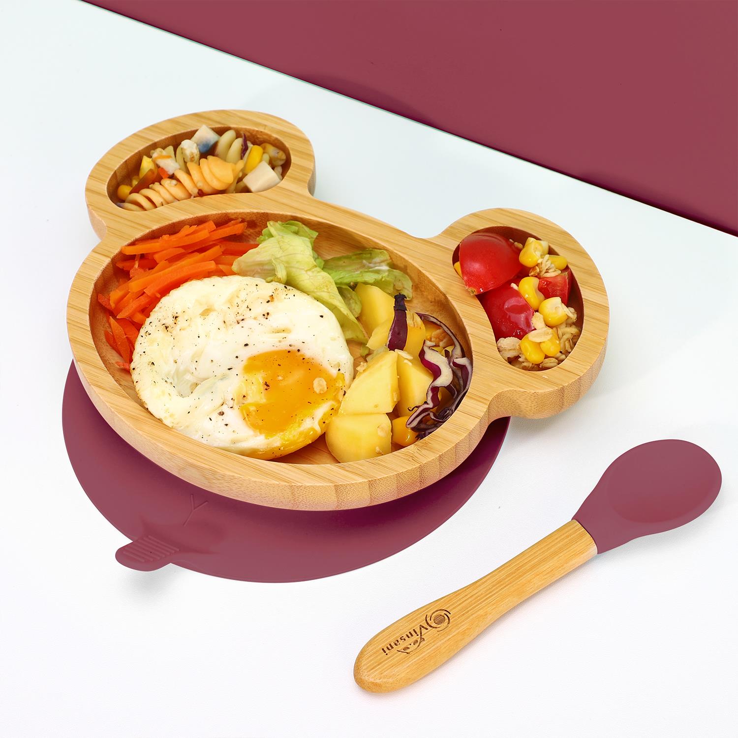 Vinsani Mouse Bamboo Plate and Spoon Set Suction Plate Stay-Put Design - Picture 51 of 61