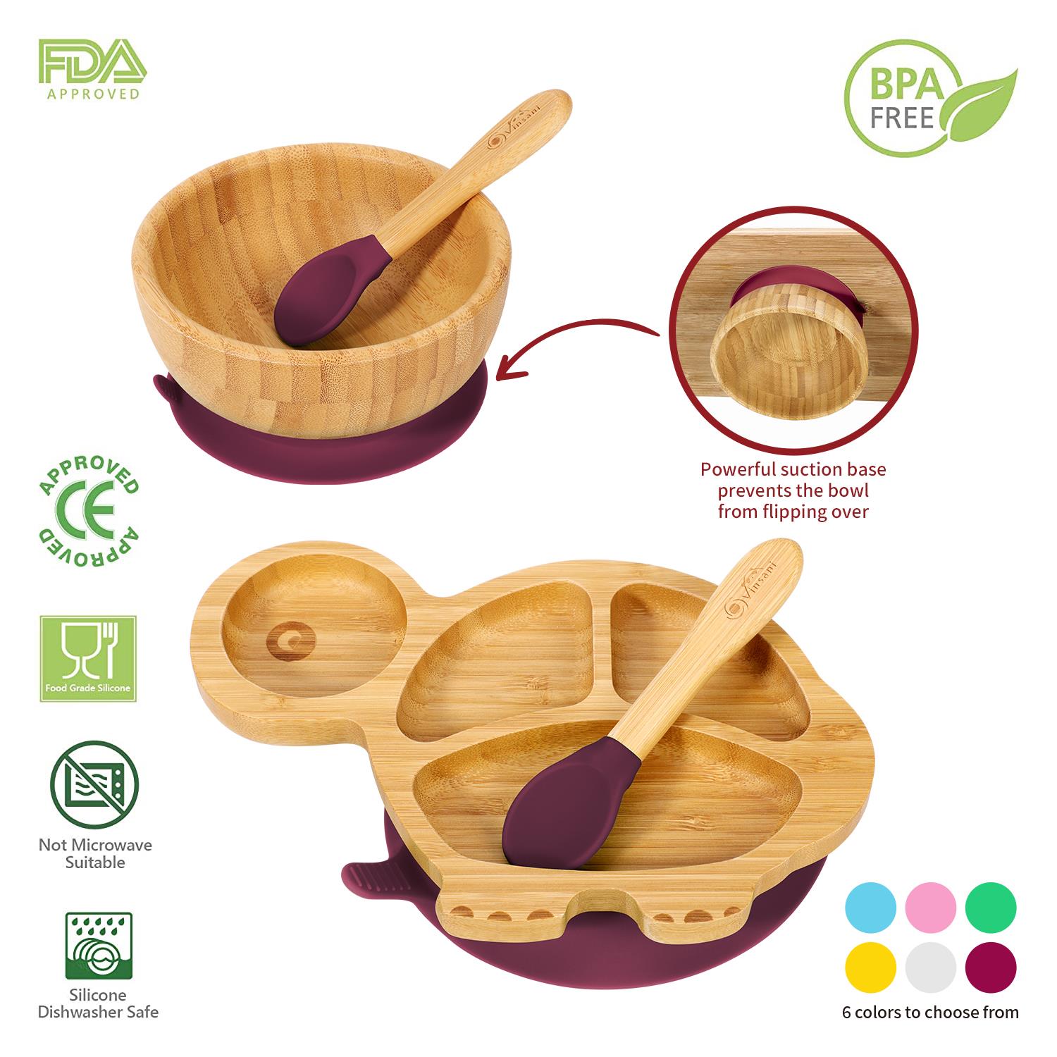 Vinsani Bamboo Turtle Plate Bowl & Spoon Set Suction Bowl Stay-Put Design - Picture 51 of 73