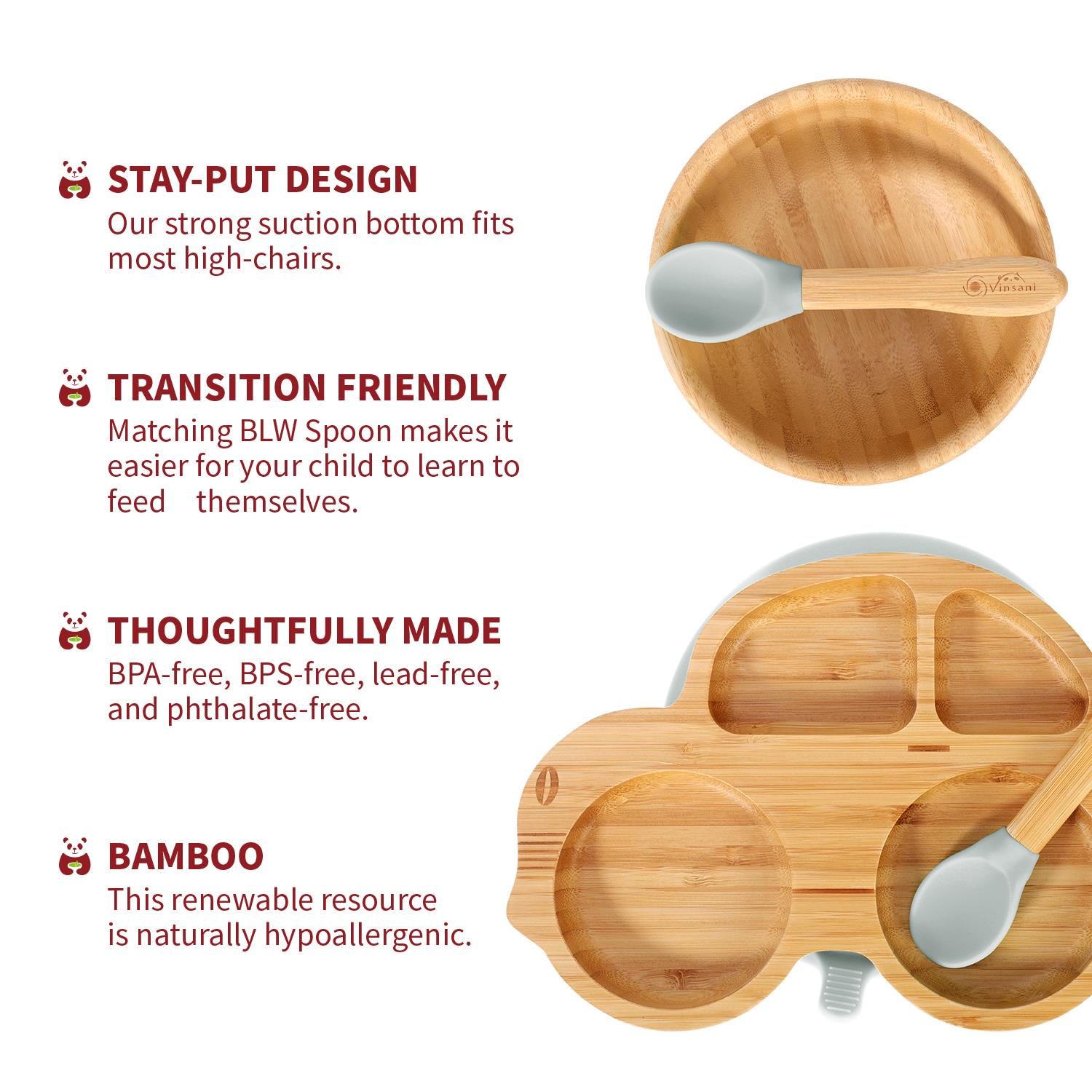 Vinsani Bamboo Car Plate Bowl & Spoon Set Suction Bowl Stay-Put Design for Kids - Picture 27 of 67